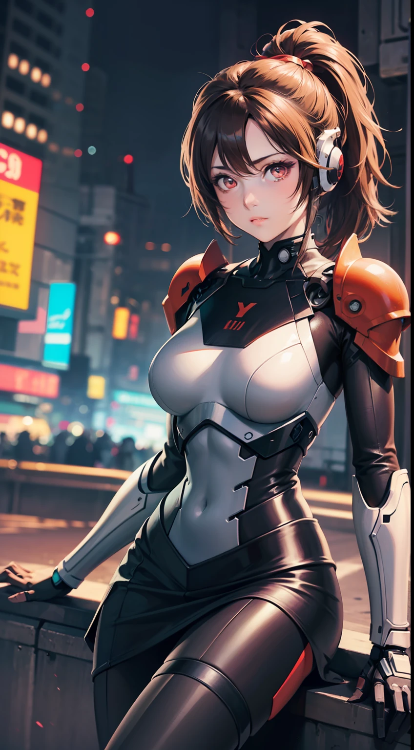 gundam\(rx78\), masterpiece, best quality, (extremely detailed CG unity 8k wallpaper, masterpiece, best quality, ultra-detailed, best shadow), concept art, illustration, science fiction, machinery, cyberpunk, city, night, neon lights, 
1girl, solo, 
 twin ponytail,  beautiful face, beautiful eyes,mecha armor, motion lines, short skirt, tight shirt,cyborg, detailed ribbed impossible bodysuit, shoulder armor, mechanical arms, cybernetic limbs,glowing, enchanting, ((cute perfect face, bright glowing red eyes)), (perfect anatomy, petite perky breasts), valkyrie, powerful, future, figurative, representational, beauty, fantasy worlds, composition, scale, foreground, middle ground, background, perspective, light, color, texture, detail, dynamic angle,