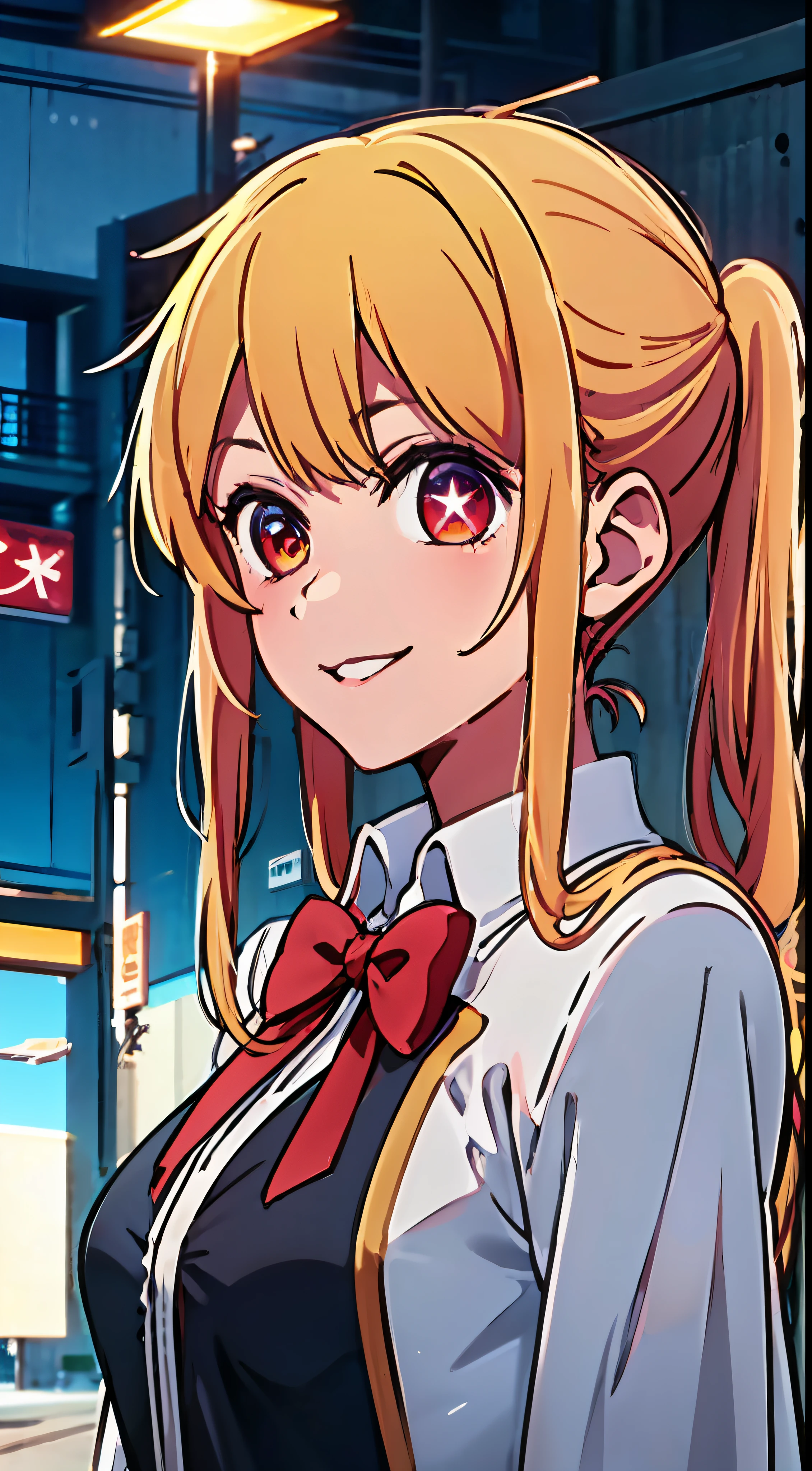 Masterpiece, Best Quality, Ultra Detail, Illustration, 1girl, Ruby Hoshino, Dismatched Pupil, Star-shaped pupil, Blonde hair, Long hair, Uniform, Smile, View Viewer, Upper body, (Live Stage: 1.4)