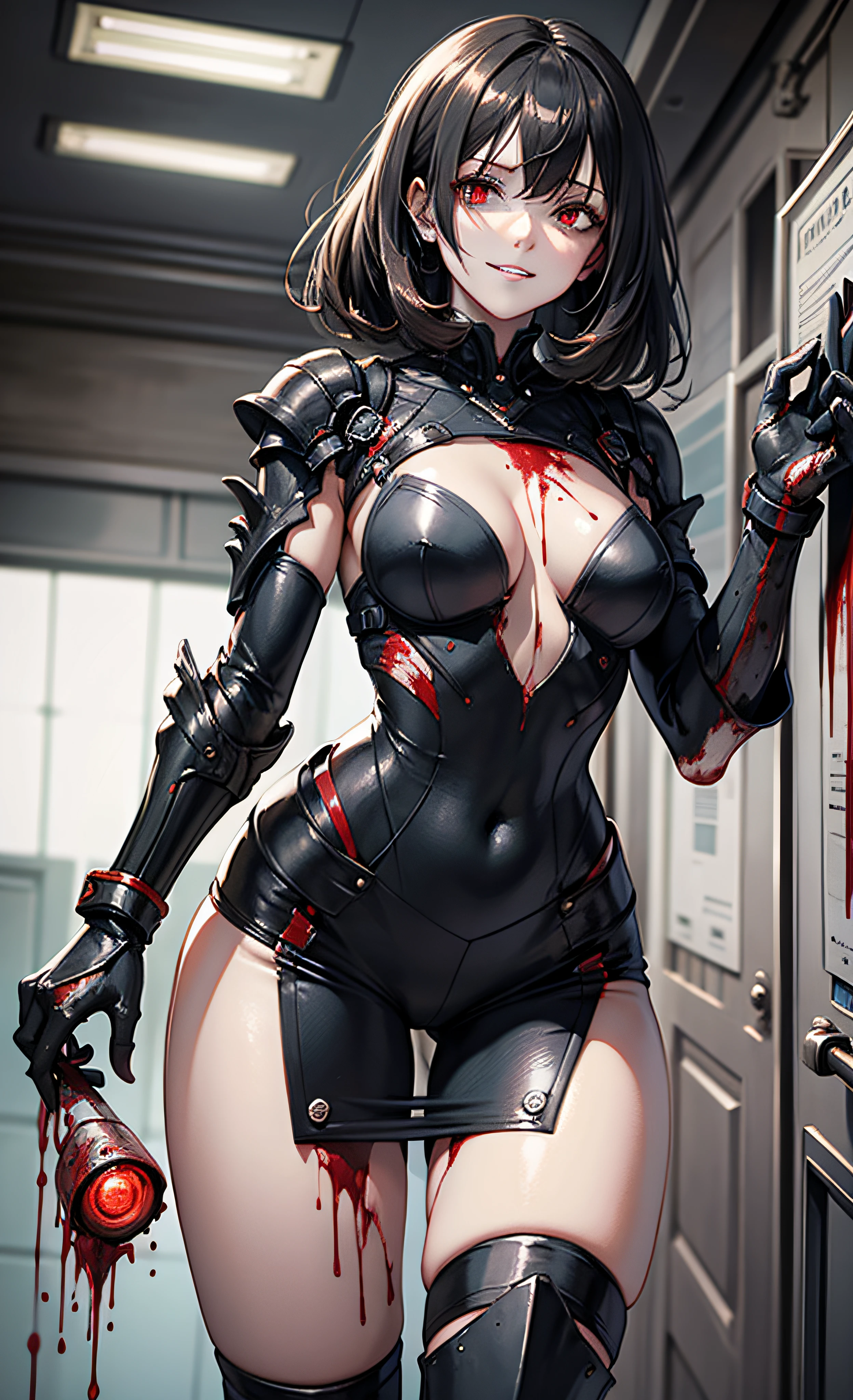 (Masterpiece), wearing biofusion armor, best quality, 1 girl, pale skin, black hair with evil smile, messy hair, red eyes, glowing eyes, creepy, creepy smile, crazy expression, blood on face, blood on clothes, walking, falling, hanging arm, loose arm, hospital, corridor, darkness, lighting, creepy, scary, flashing lights, blood, horror, dim light