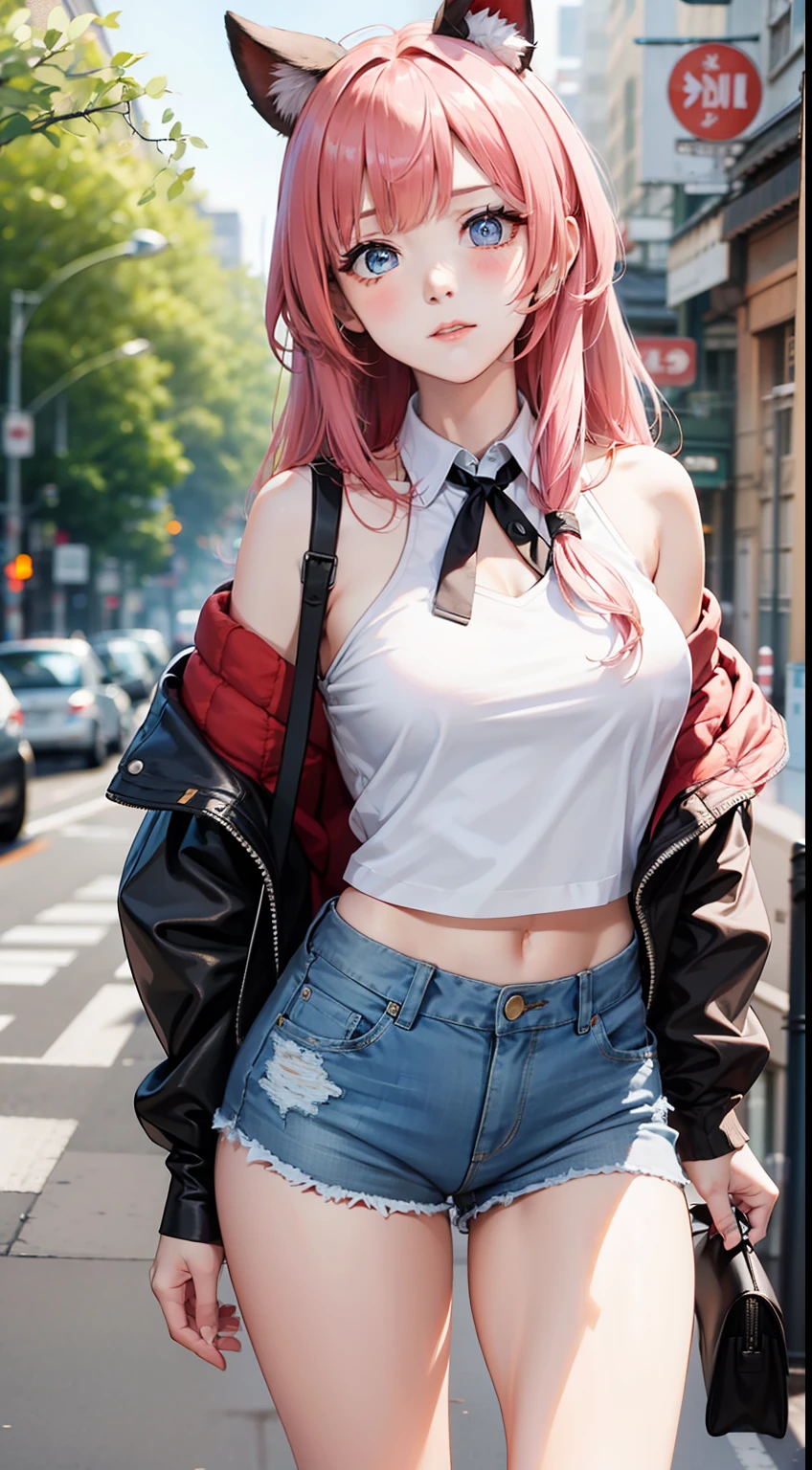 masterpiece,best quality,1girl,st. louis \(luxurious wheels\) \(azur lane\),solo,(detailed face), medium breasts,glowing eyes,pink hair:1.9, long straight hair,off-shoulder_shirt,(denim shorts),full-face blush, standing,bangs,looking at viewer, holding a smartphone,school bag, city road,traffic light,people,