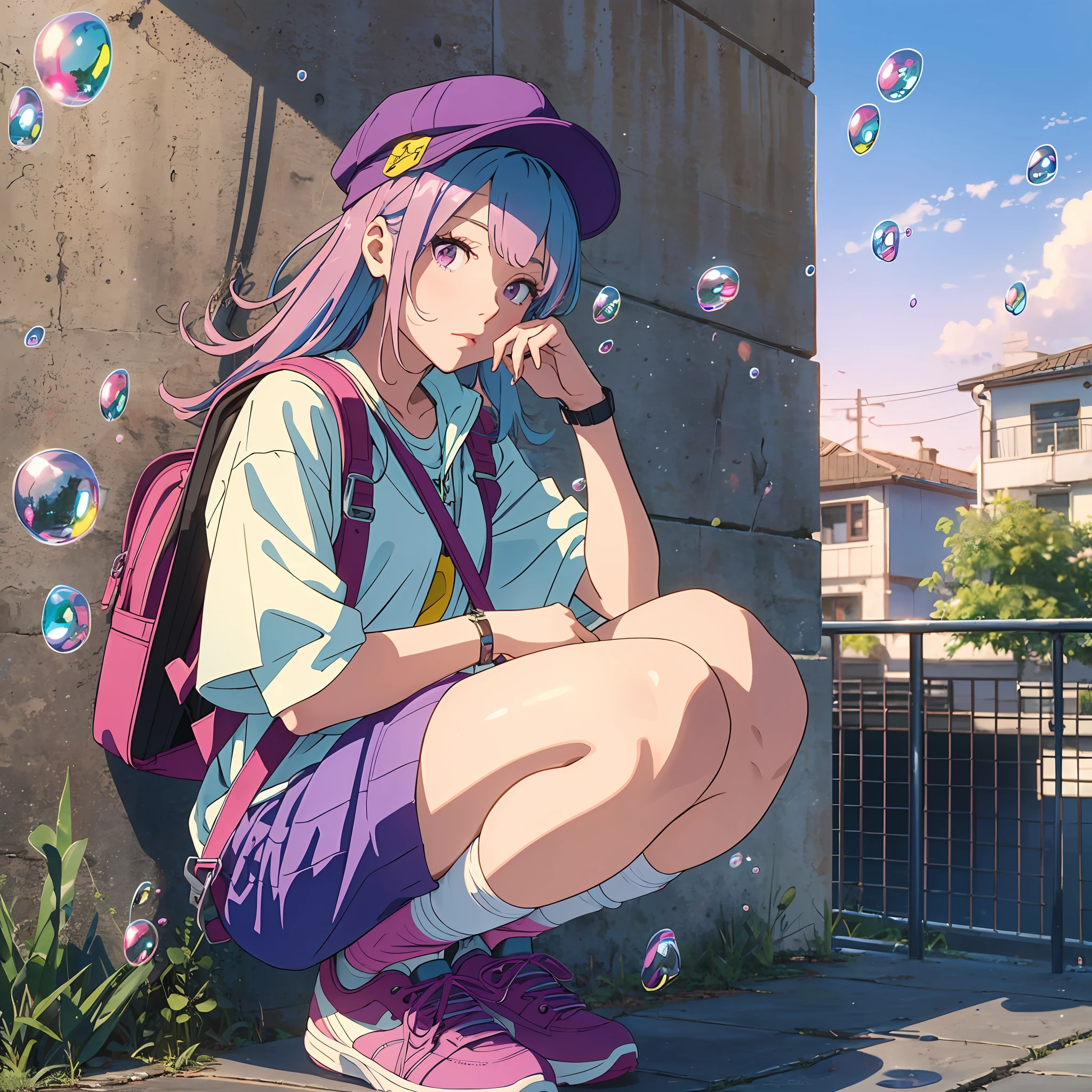 (Masterpiece), (Best Quality), (Extra Detail: 1.4), (Long Blue and Pink Hair), (Purple Eyes), (Bubble Gum), (Hip Hop Style), Purple Hat, (Carrying Yellow Backpack), Squatting on an Iron Railing, One Hand Hanging Between Your Feet, the Other on Your Cheek, and the Sun Rising from Behind 0 --auto --s2