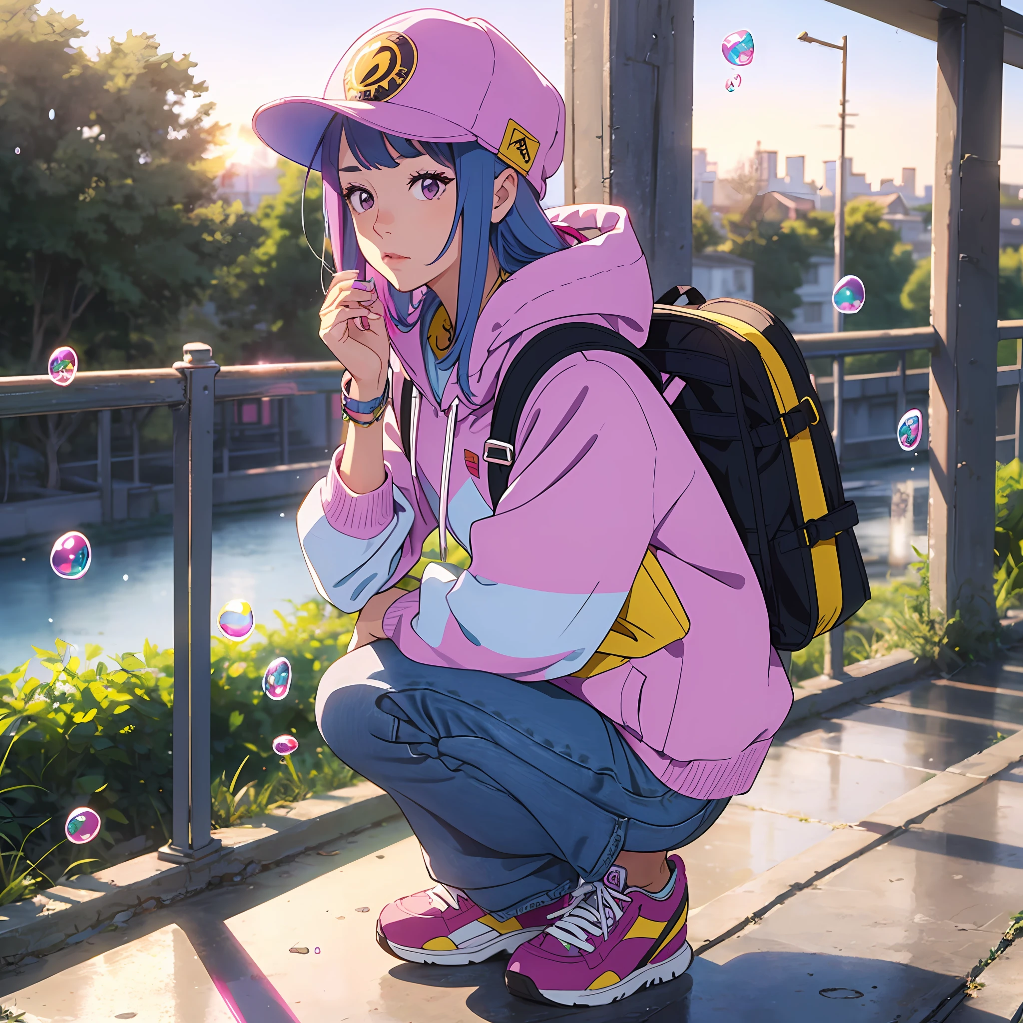 (Masterpiece), (Best Quality), (Extra Detail: 1.4), (Long Blue and Pink Hair), (Purple Eyes), (Bubble Gum), (Hip Hop Style), Purple Hat, (Carrying Yellow Backpack), Squatting on an Iron Railing, One Hand Hanging Between Your Feet, the Other on Your Cheek, and the Sun Rising from Behind  0 --auto --s2