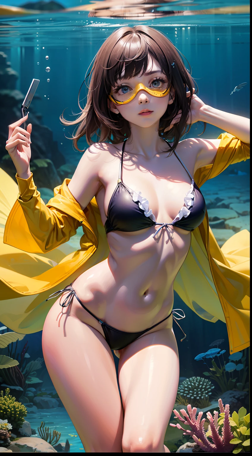 ((Masterpiece, High Resolution, 4K, Best Quality, Delicate Eyes)), A Girl, Yellow Siamese Swimsuit, Yellow Diving Goggles, Deep Sea, Little Anchovies, Seapocampus, Jellyfish, Detailed and Complex, Slender Legs, Seduction,, Film Lighting, Partially Underwater Shooting, Close Up, Award-Awarded, Best Quality, 16K