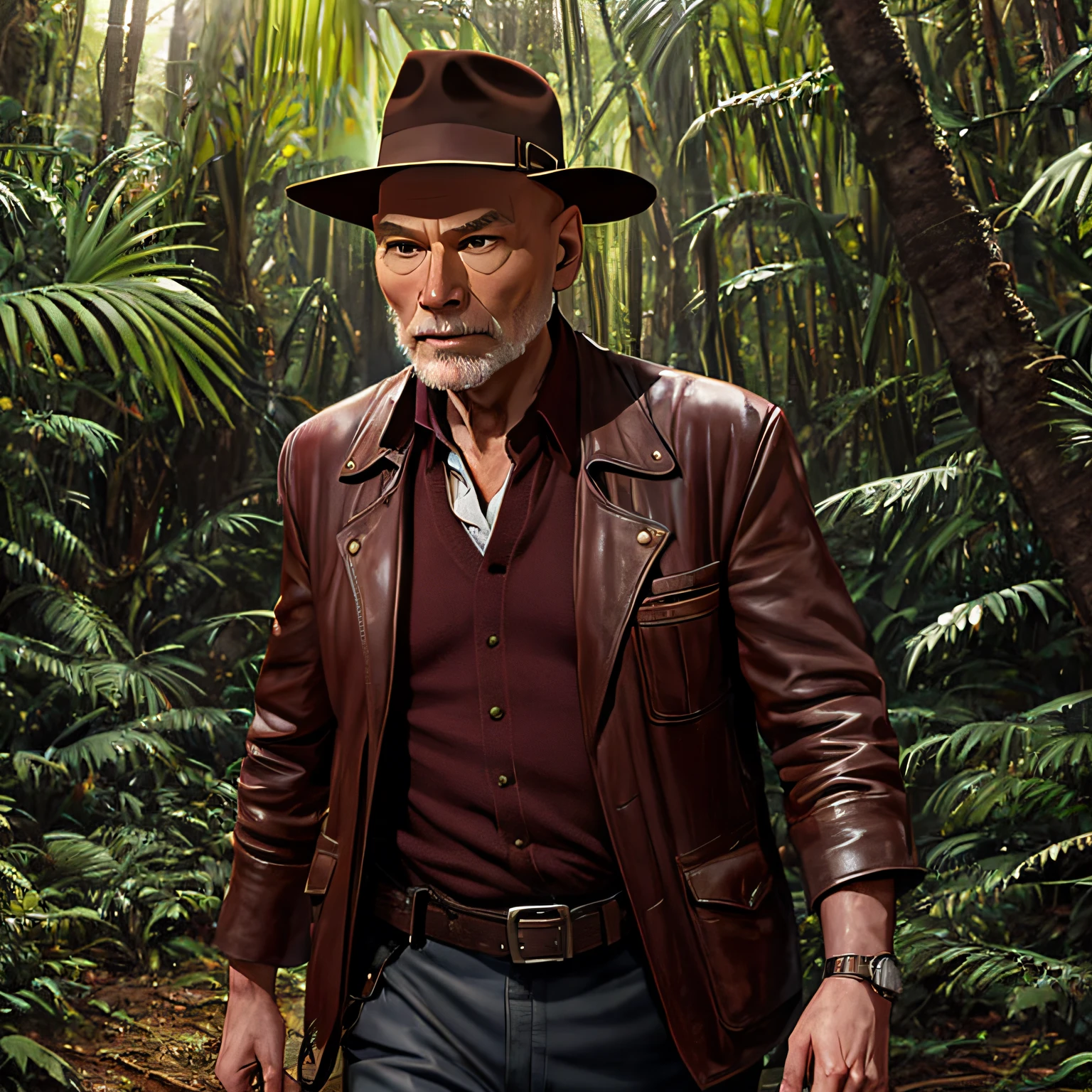 photorealistic image of Patrick Stewart as Indiana Jones in a lush jungle setting. He should wear a fedora, leather jacket, and hold a whip and pistol. Include ancient ruins like a temple or pyramid in the background. Emphasize Stewart's distinctive features like bushy eyebrows and cleft chin. The image should evoke adventure and excitement. --auto