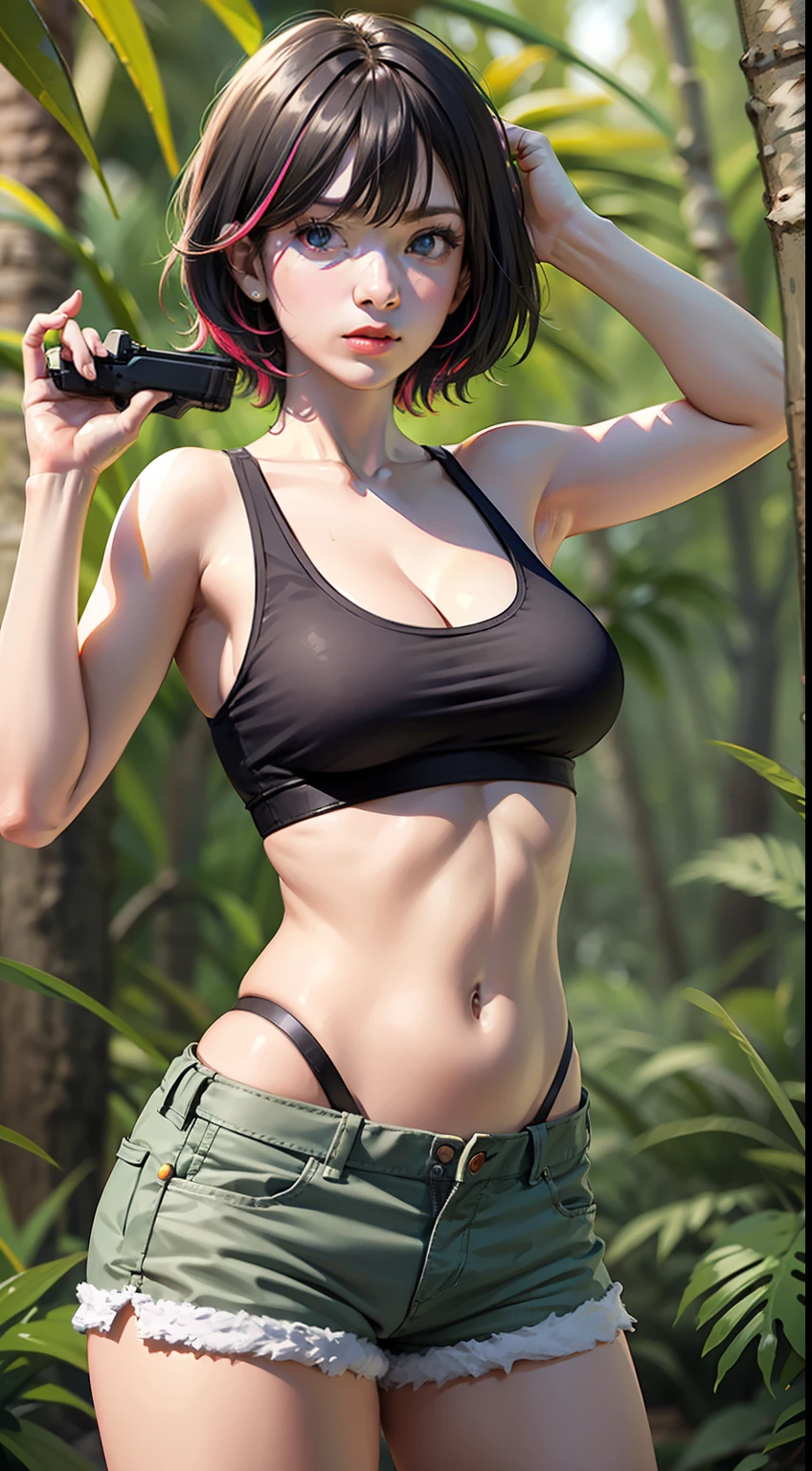 8k, game cg, masterpiece, cinematic lighting, best quality, ultra high res, (photorealistic:1.4), (realistic:1.21), 1girl, perfect face, beautiful face,(detial Face:1.3), beautiful eyes, ((perfect female body, narrow waist)), ((perfect female body, narrow waist)), (((((multicolored short hair:1.2))))), half body, (medium breasts),looking at viewer, camouflage tank top, camouflage shorts, machine pistol, thigh holster, nervous, serious, brave,
rainforest, rainy days, wetland, huge tree,
(pureerosface_v1:0.9),(ulzzang-6500-v1.1:0.7)