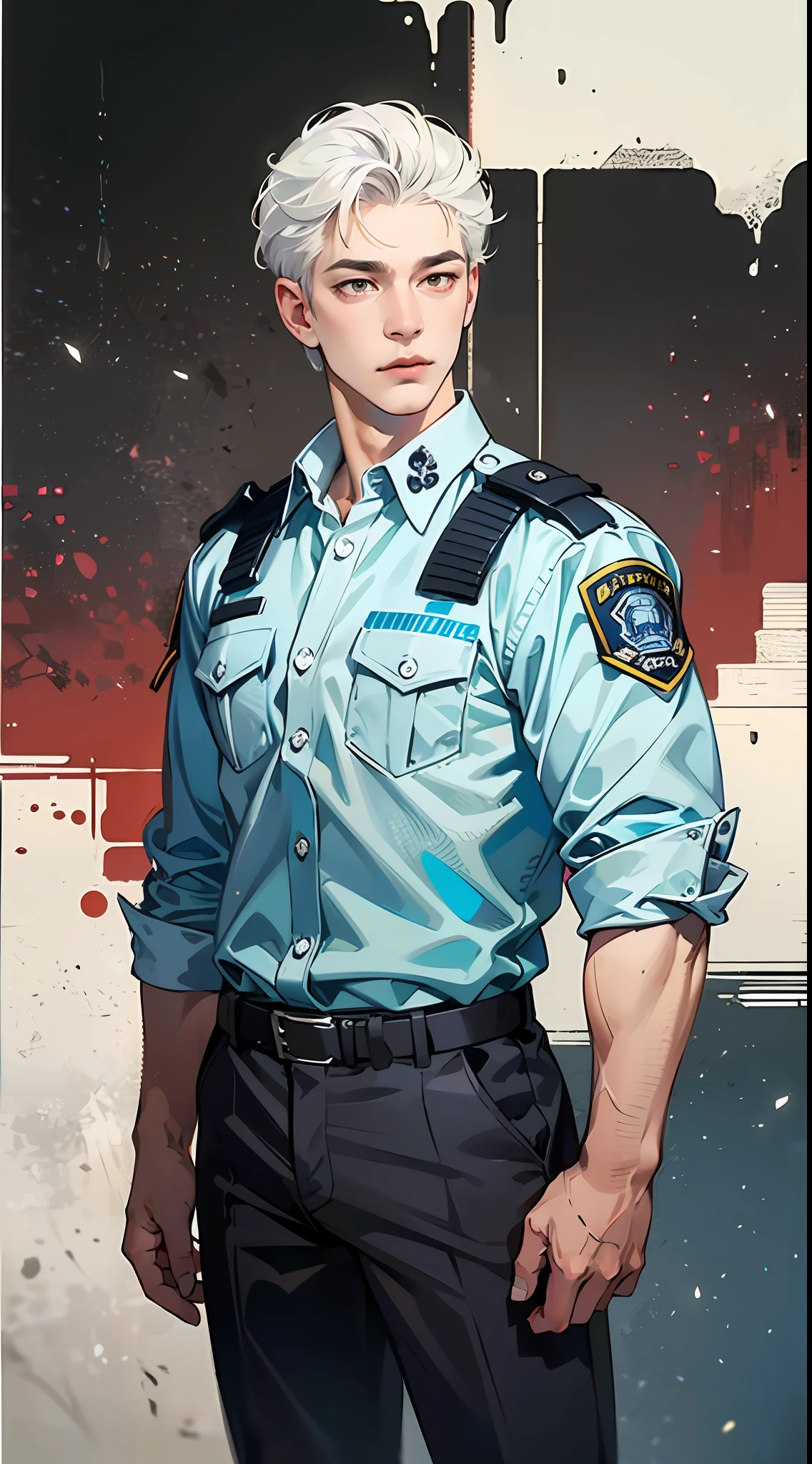 (Absurd, High Resolution, Ultra Detail, HDR), Masterpiece, Best Quality, (Middle-aged), (Male Police Officer), Wearing Police Uniform, Brown Eyes, White Hair, 1:2, Half, Attention Proportion, Panorama, Standing Painting