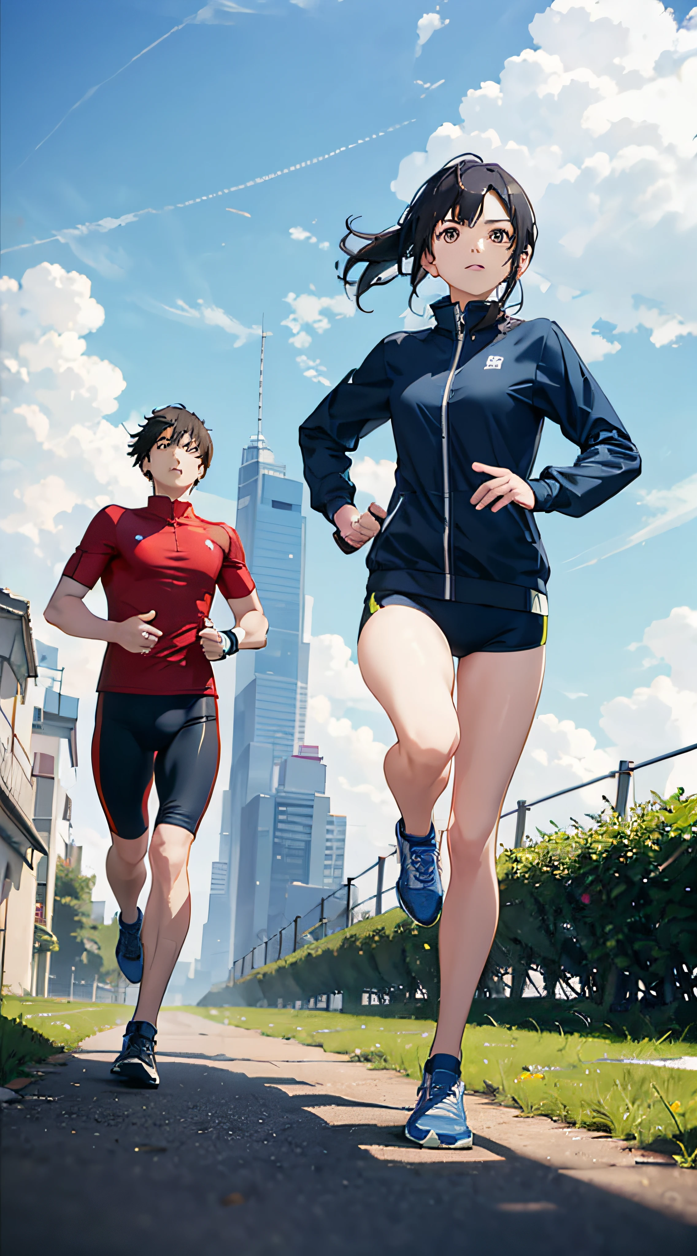 A color photo of a Chinese man and woman in sportswear, jogging on a green lawn with their backs turned to the camera, running towards the distance with a blue sky and white clouds in the background. The image is presented in 8K resolution with super detail and accuracy, ensuring the best quality in the Shinkai Makoto style.