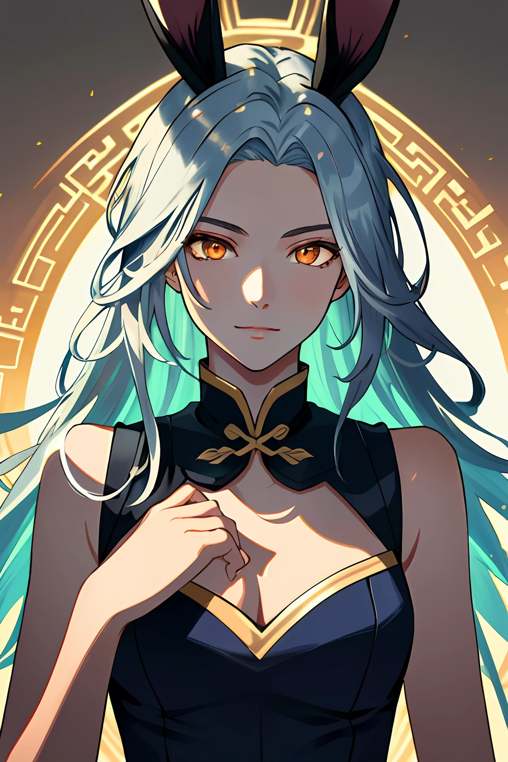 (masterpiece, best quality, ultra-detailed, highres, best illustration),perfect face, ((solo, solo focus)),sidelighting,, epic, illustration, render, volumetric lighting, welcoming, see-through gossamer, in Japan,lustrous skin,(bloom), (shine), ray tracing,masterpiece, best quality, 1boy, male focus, solo, blue hair, multicolored hair, rabbit ears, two-tone hair, mole, white hair, chinese clothes, upper body, brown eyes, orange eyes, hand on own chin, looking at viewer,depth_of_field,very detailed background,extreme light and shadow,(detailed eyes), (beautiful) beautiful detailed eyes, perfect lighting , perfect anatomy,(extremely detailed illustrated 8k wallpaper),(masterpiece), (best quality), (ultra-detailed), (best illustration),(best shadow), (fantasy:1.4) , vivid colors,