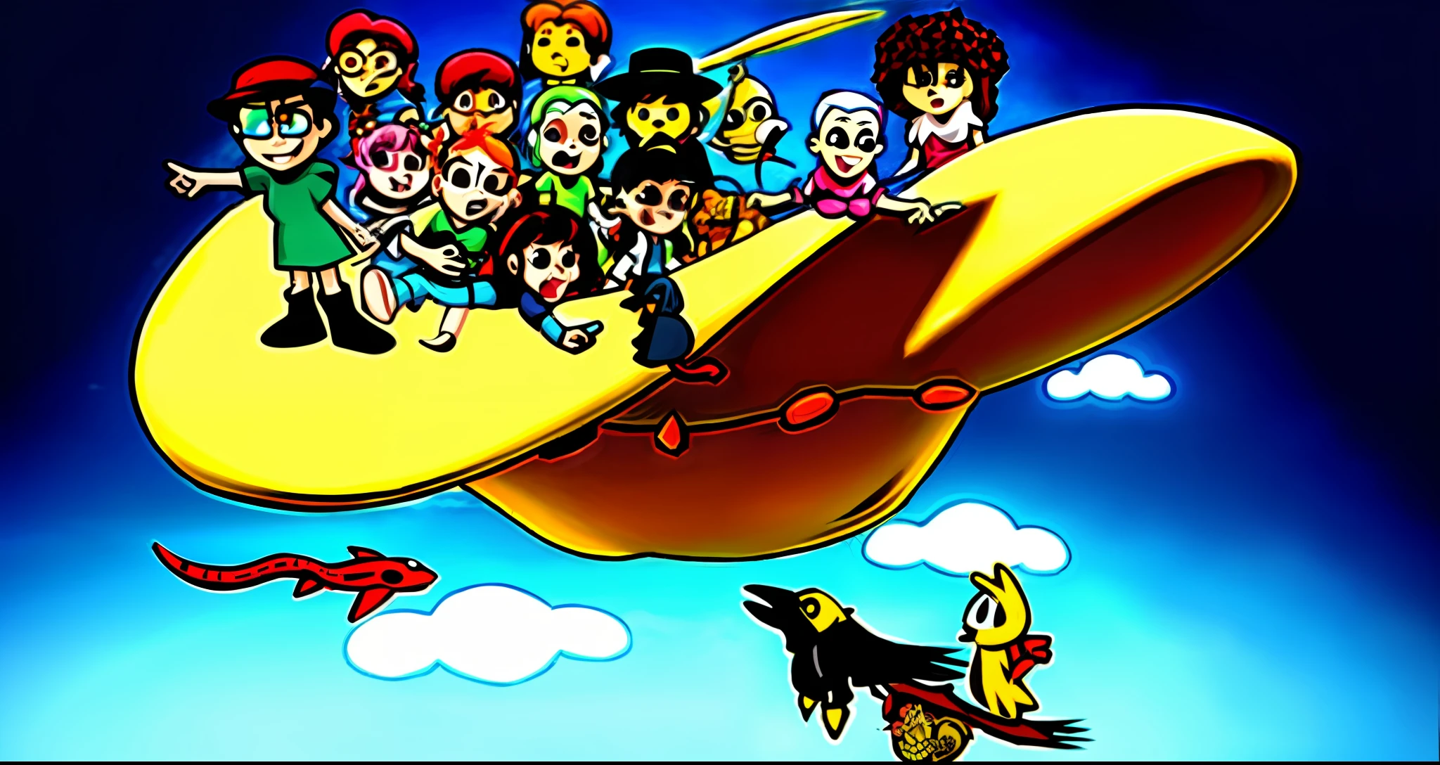 cartoon of a group of people flying in a beach hat in the sky at sunset, high-quality official art, detailed, pixiv contest winner, video game art, inspired by Winsor McCay, added detail, chibi, concept art, themed spaceship, very crowded, discworld theme, colorful comic, vivid colors, cinematic lighting, shaders