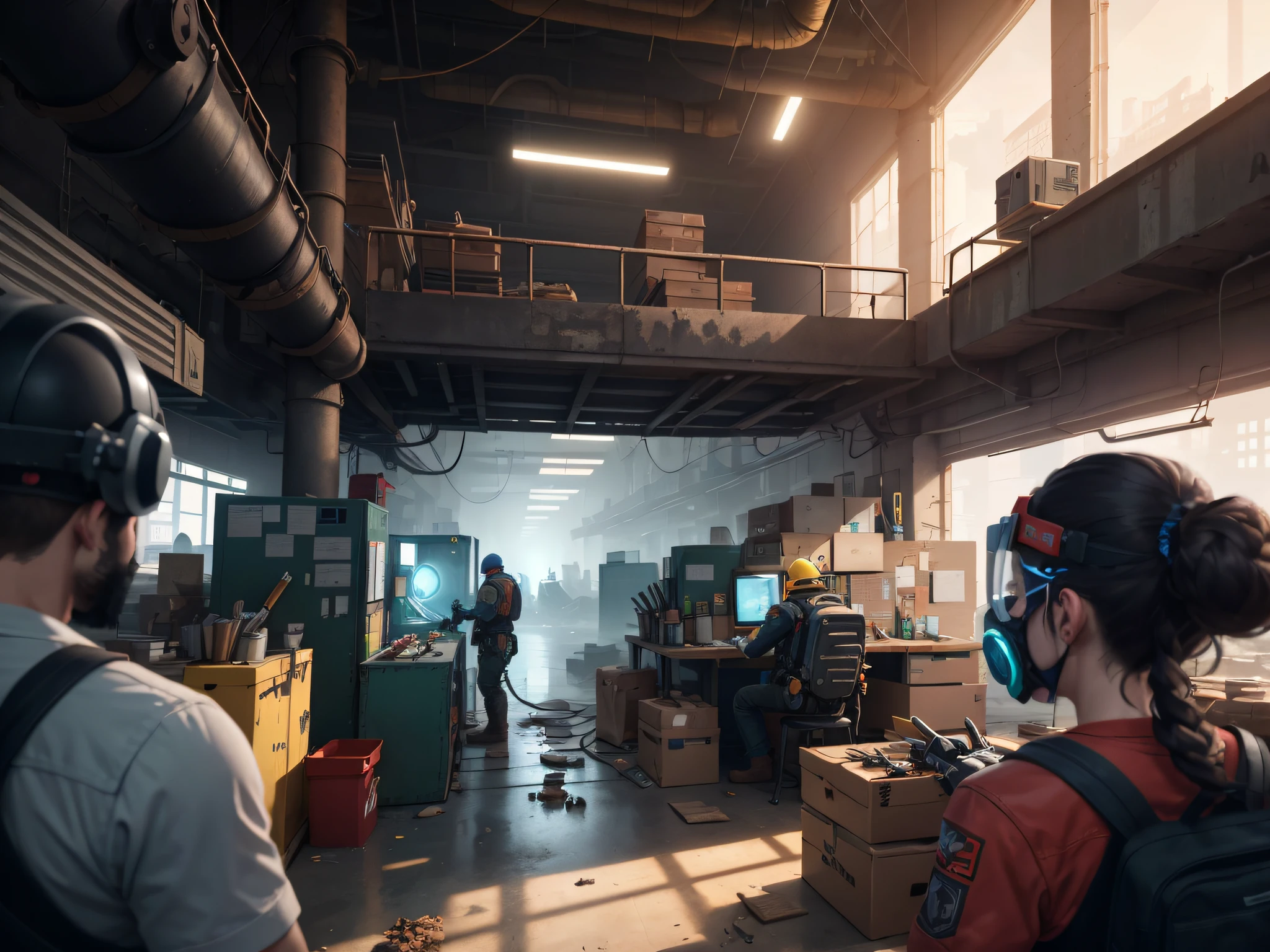 Workers welding in Doom Factory with tools in hand and safety helmets, Post-apocalyptic factory interior, in-game images, Steam workshop map, The theme is Cyberpunk City Factory Interior, Cyberpunk Factory, As seen on the art station, Inside the factory, Highly detailed interior scenes,