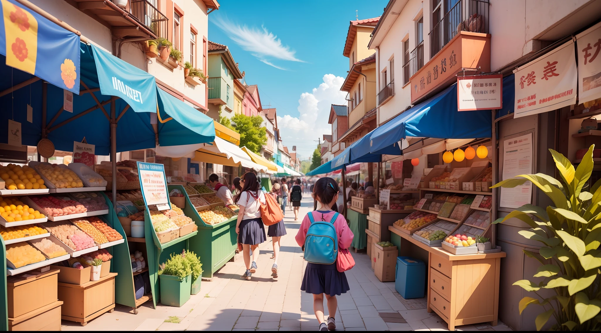 A lively market, a cute child carrying a schoolbag is visiting the market, on the left and right are lively stalls, the background is blue sky, close-up of children's characters, colorful colors, summer lively market, market background, overhead shot, game scene