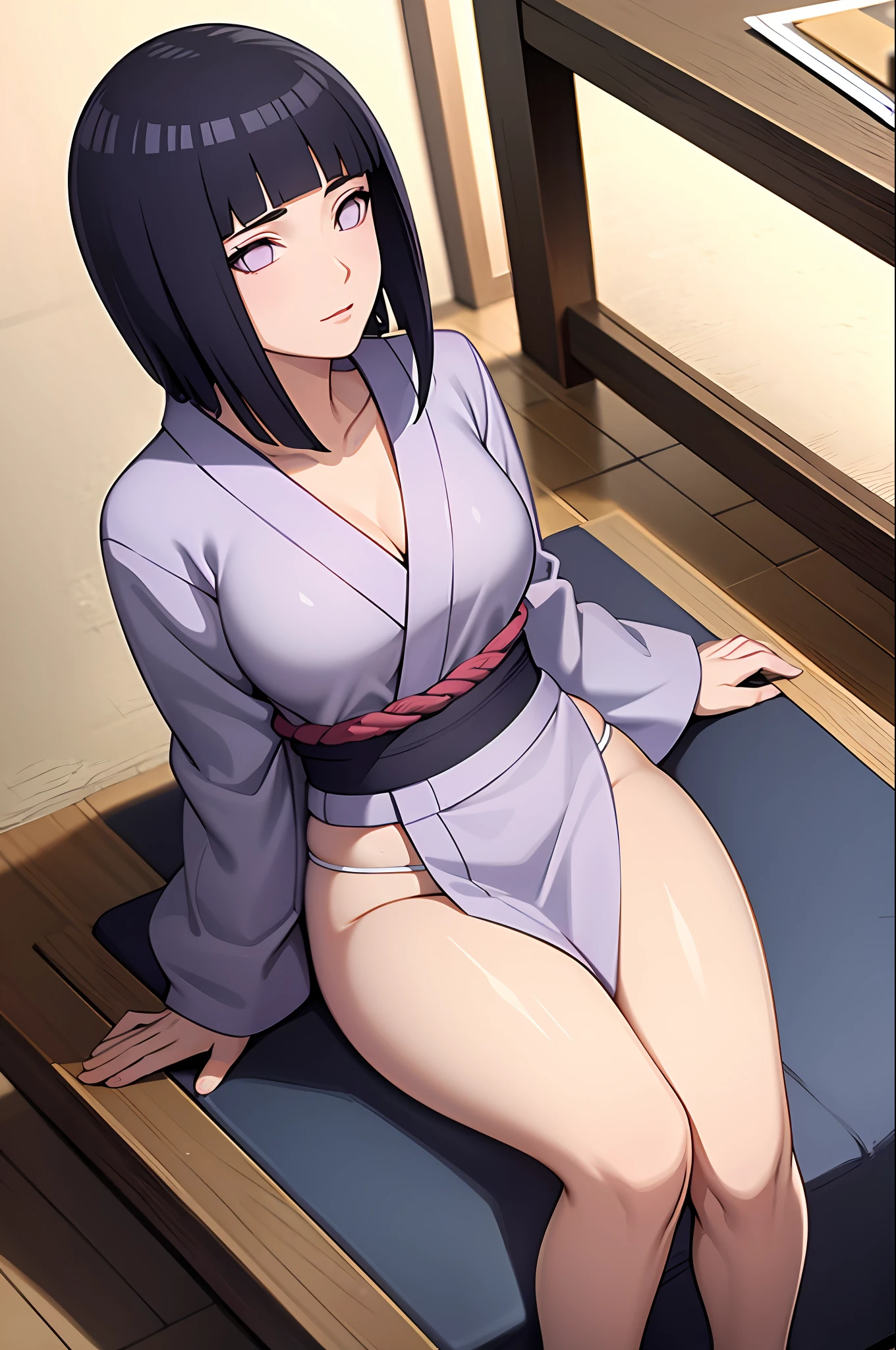 masterpiece, best quality, hinata/(boruto/), long hair, medium breast, short kimono, slim legs