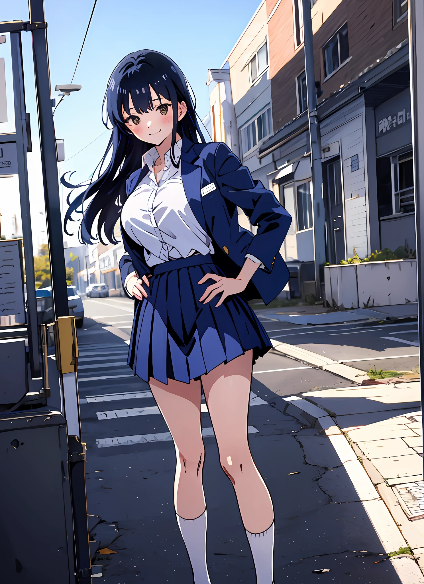 masterpiece, absurdres, ultra-detailed,  Yamada Anna, brown eyes, long hair, long sleeves, shirt, blue jacket, open clothes, large breasts, school uniform, looking at viewer, 1girl, blue skirt, skirt, black hair, pleated skirt, blazer, blush, white shirt, collared shirt, solo, trending on artstation, full body, outdoors, wind, trending on pixiv, hand on hips, smile, blush, anime screencap, miniskirt, nsfw, breasts, boobs,