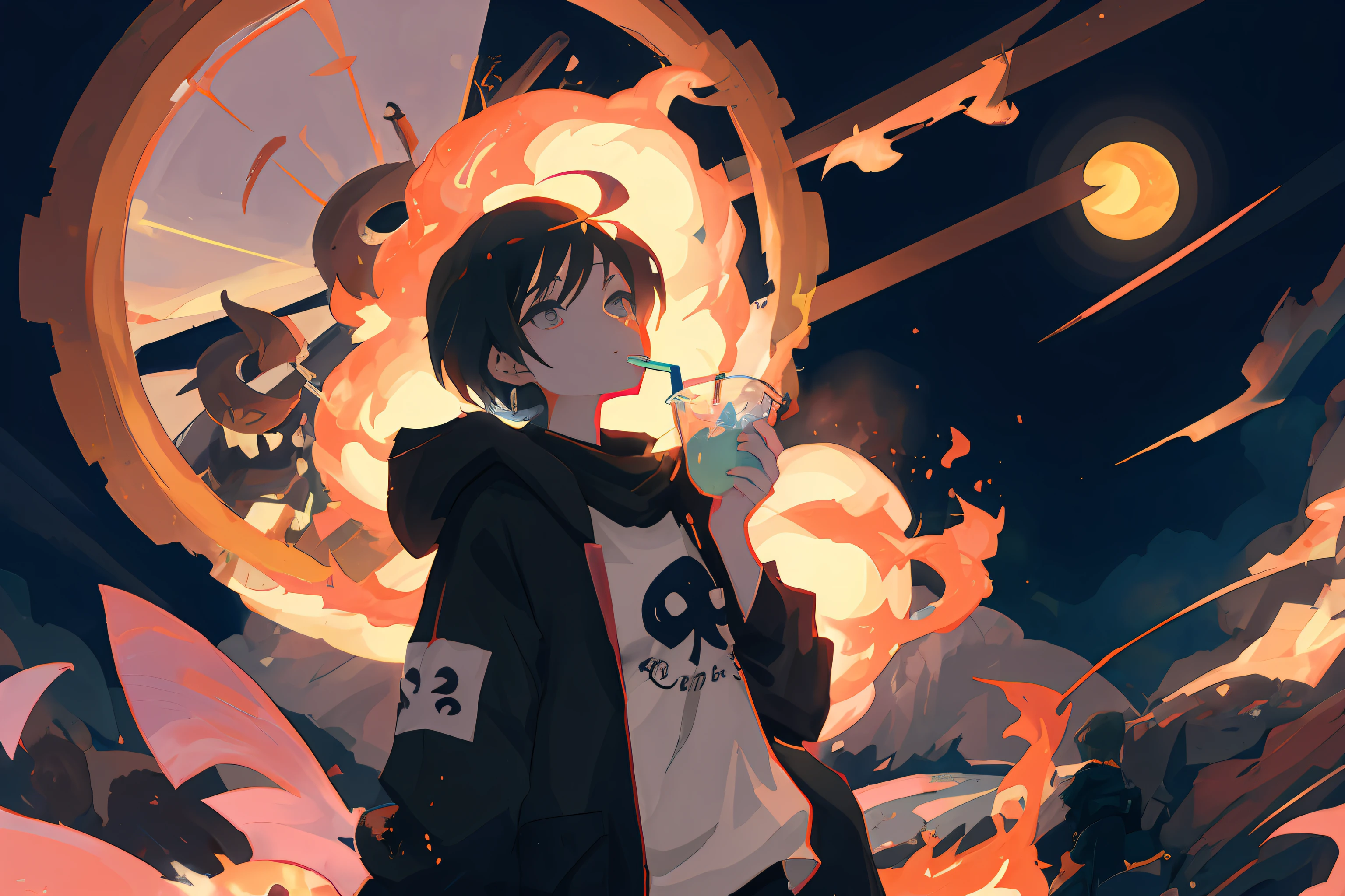 🌌 In the cosmic setting, a 2D anime character holding a drink and a doughnut, Loepfe Art Style, Yoko Taro Doujin Art, High Quality Anime Style, Official Doujin Art, Anime Aesthetics, . ✨🕌🌙 ❤🔥🍄🌪