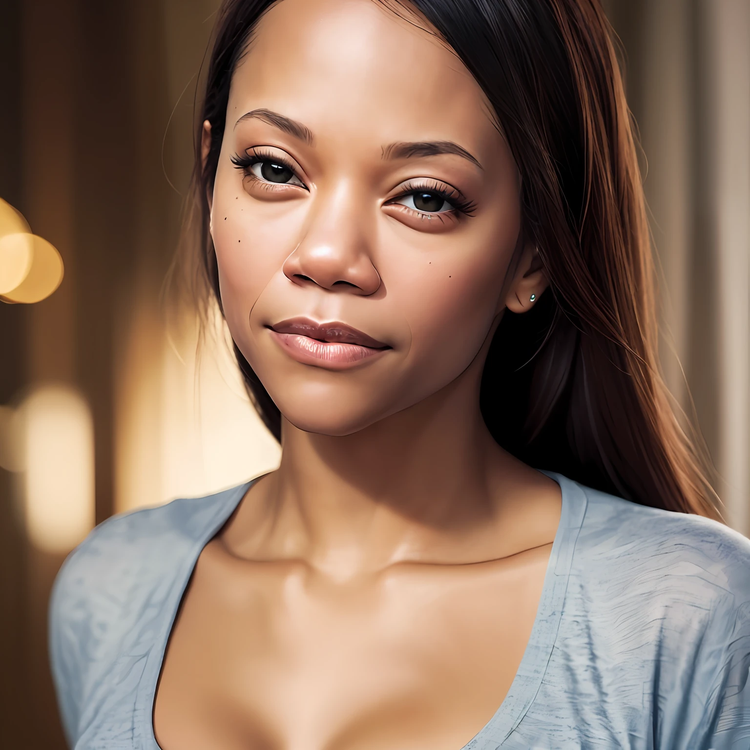 ((Zoe Saldana)), dressed, (photorealistic:1.4), (hyperrealistic:1.4), (realistic:1.3), (more uniform lighting: 1.05), (improvement of cinematic lighting quality:0.9), 32K, 1girl, 20yo girl, realistic lighting, backlight, light on face, raytrace, (brightening light: 1.2), (increase quality: 1.4), (best quality real texture skin: 1.4), finely detailed eyes, finely detailed face, fine quality eyes, (tired and sleepy and satisfied:0.0), Close-up of the face, T-shirts, (Increase the mood of the body line: 1.1), (Increase the beauty of the skin texture: 1.1) --auto