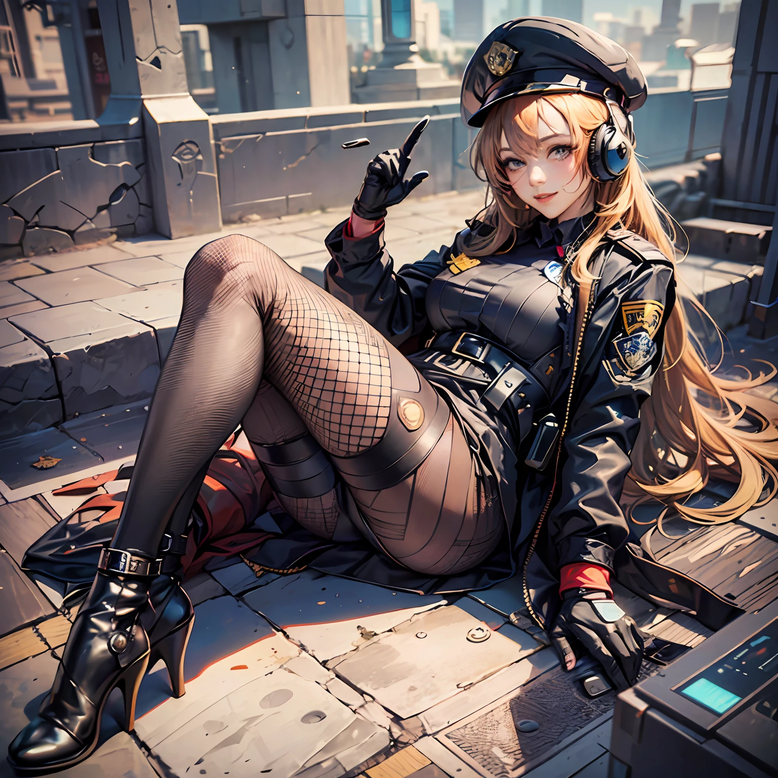 Woman, Reality, (Berets) (Headphones) (High Fork Tights Police Uniform, Police Logo) (Pantyhose Fishnet Socks), (Lips slightly open, light smile), (Shiny skin: 1.1), Blush, (Looking at the viewer), (Full Body), Masterpiece, Highest Quality, High Resolution, Absurd, Realistic