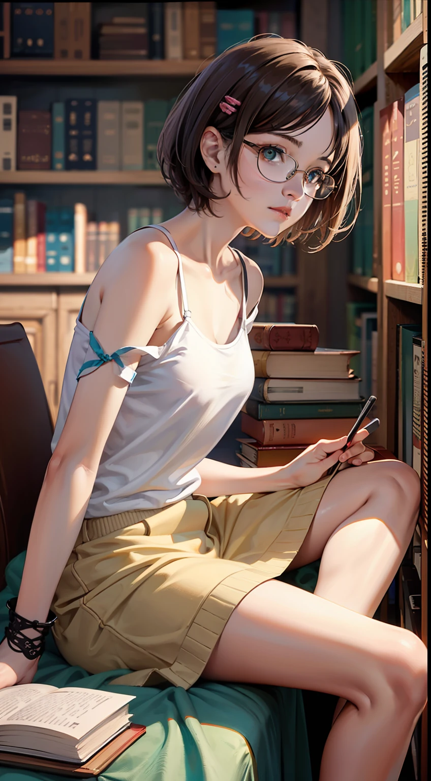 (original), (masterpiece) , (best quality) , (reality:1.3) , photorealistic, Octane rendering, (surreal:1.2) , perfect features,1 girl, colorful,translucent hair, (glowing inner hair),the perfect appearance,brown hair,green eyes,expressionless,sit,book on hand,glasses,short hair,(In the library),looking at viewer,White T-shirt,hairpin,Focus on people,barefoot,bare Shoulder