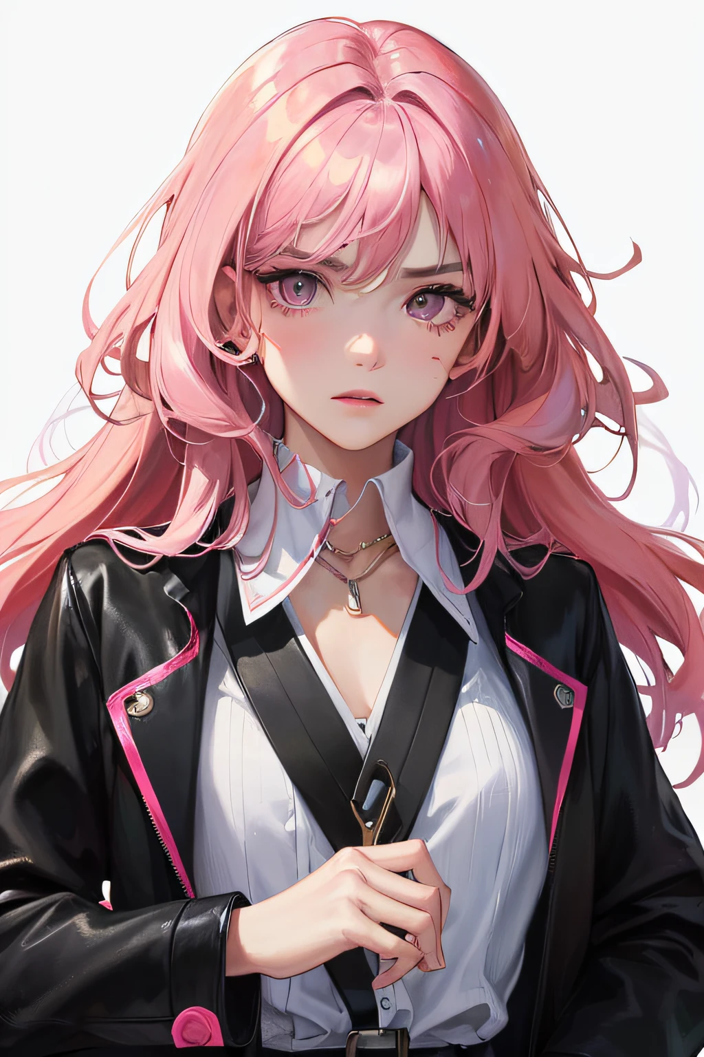 (highest resolution, distinct_image) best quality, feminine masterpiece, high detail, semi-realistic, (most body), long pink hair, bangs, 18 years old, young, black fit, pink-purple flight suit, stand up collar shirt, pointed face, (tan eyes, hair between the eyebrows), fluorescent long coat (broken glass), (pure white background), cold, serious, authoritative, powerful, (standing painting), (delicate facial features, exquisite facial features)