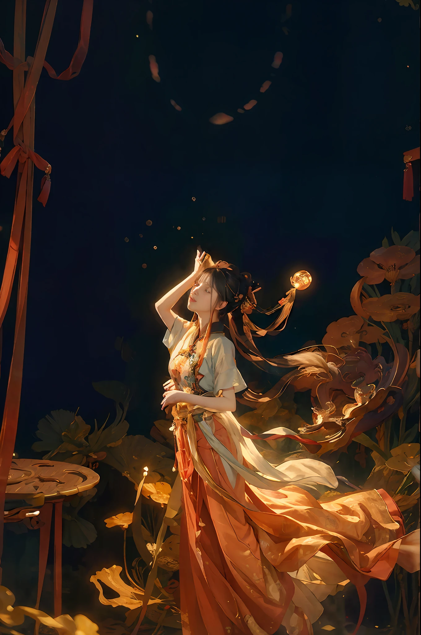 (masterpiece), best quality, ultra-detailed, extremely detailed CG unity 8k wallpaper, an extremely beautiful and delicate girl in a traditional Chinese Hanfu and Tang suit floating in a night sky made of Dandelion Fiber, surrounded by mysterious forests and strange creatures, with a romantic atmosphere and spectral spots, as if in a world of fiber optics.