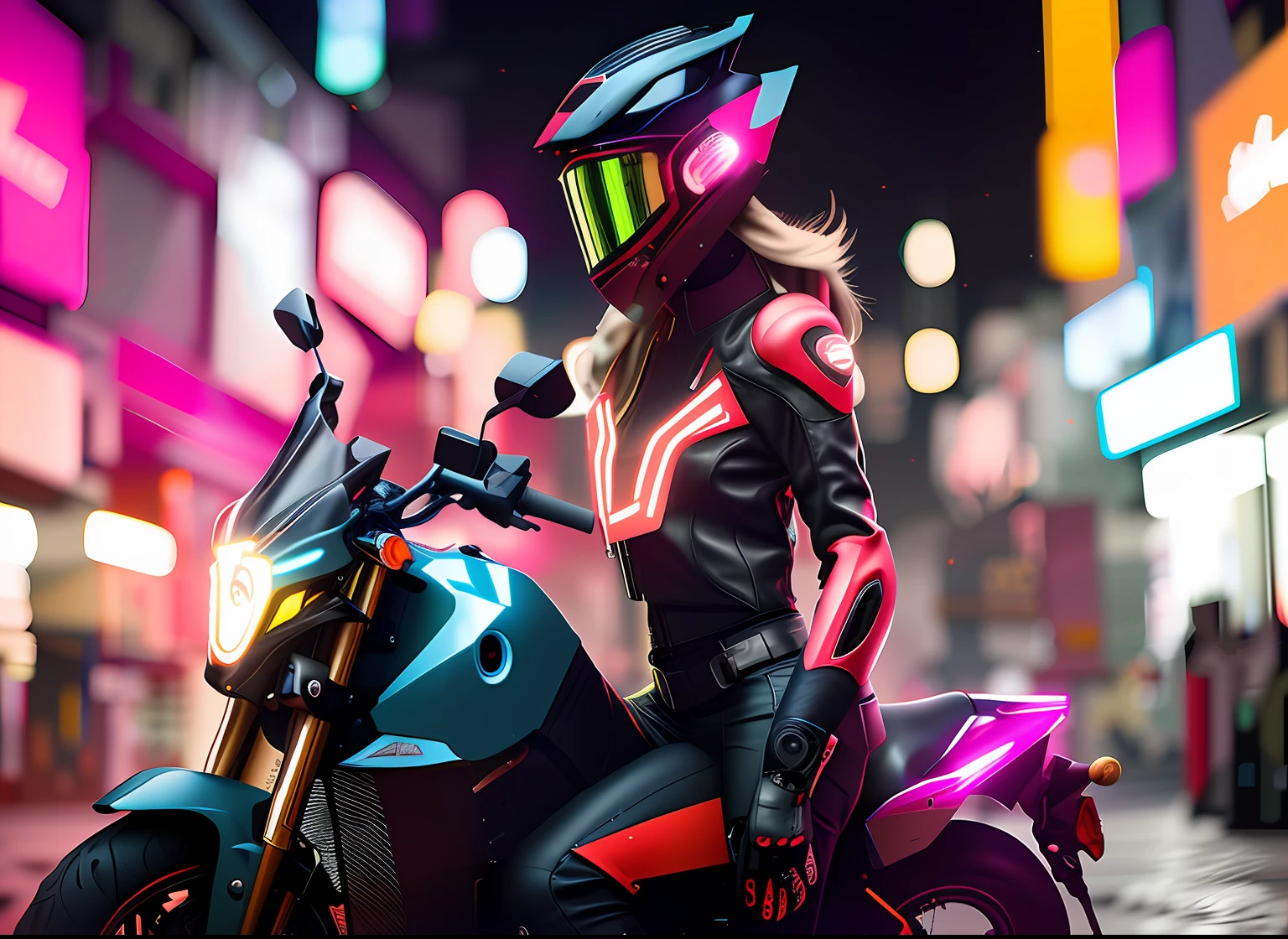 araffe wearing a helmet and leather jacket sitting on a motorcycle, sitting on cyberpunk motorbike, hyper-realistic cyberpunk style, with neon visor, glowing eyes in helmet, wojtek fus, neon cyberpunk style, neon cyberpunk, picture of a female biker, cyberpunk art style, octane trending on cgsociety, cyberpunk with neon lighting, riding a futuristic motorcycle, octane cgsociety