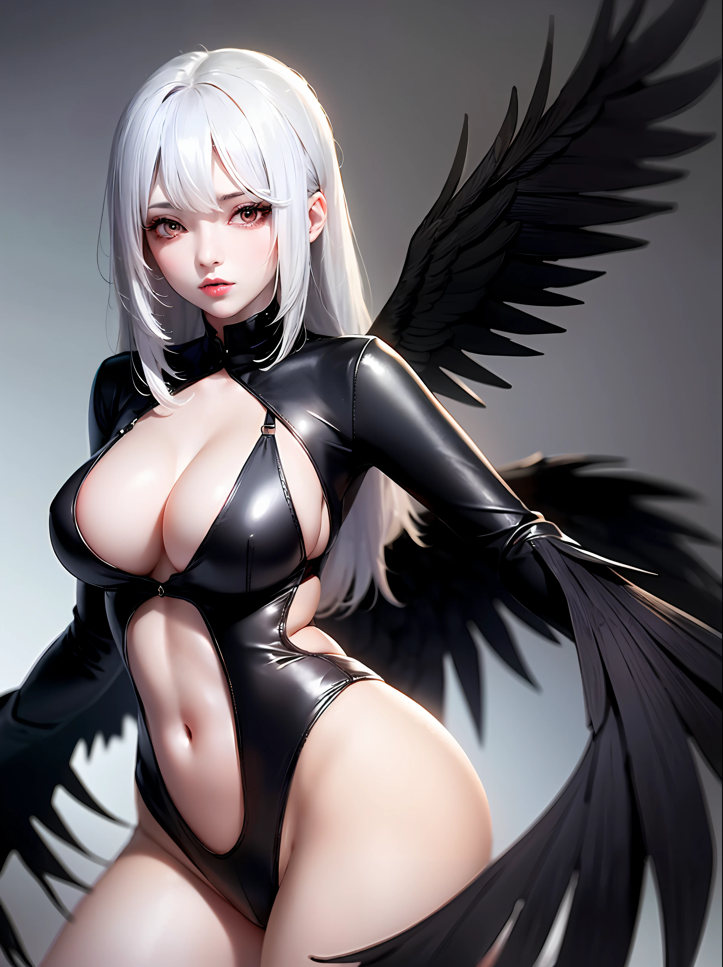 A sexy girl with black wings and dark energy around with red eyes