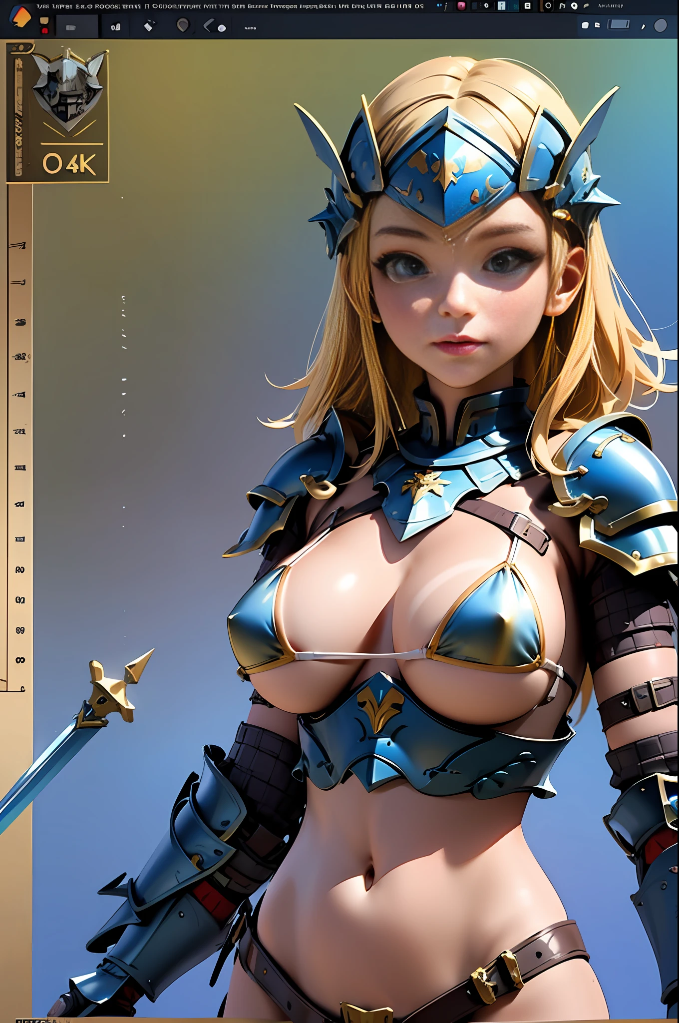 Masterpiece, Hyper Quality, Hyper Detail, Perfect Drawing, CG, 3D, 8k, Illustration, Beautiful Face Girl, Adventurer, Fantasy, Warrior, ((((Bikini Armor))), Brown Skin, Tan Marks (1.5)), Oversized Sword: (200cm), Shoulder Armor, 98Gcup Bust, Blonde Blue Eyes, Wilderness, Valley, Battlefield,