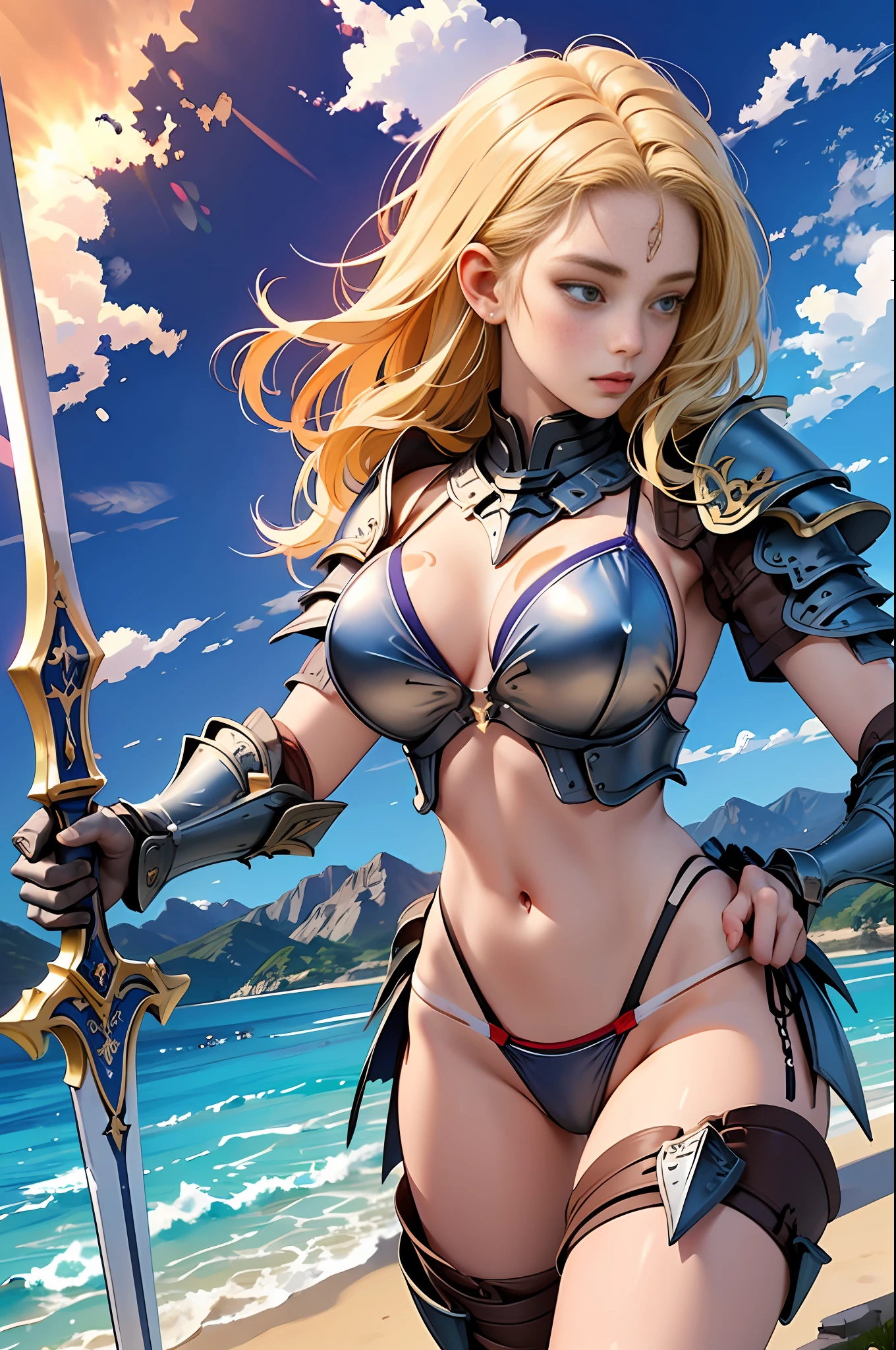 Masterpiece, Hyper Quality, Hyper Detail, Perfect Drawing, CG, 3D, 8k, Illustration, Beautiful Face Girl, Adventurer, Fantasy, Warrior, ((((Bikini Armor))), Brown Skin, Tan Marks (1.5)), Oversized Sword: (200cm), Shoulder Armor, 98Gcup Bust, Blonde Blue Eyes, Wilderness, Valley, Battlefield,