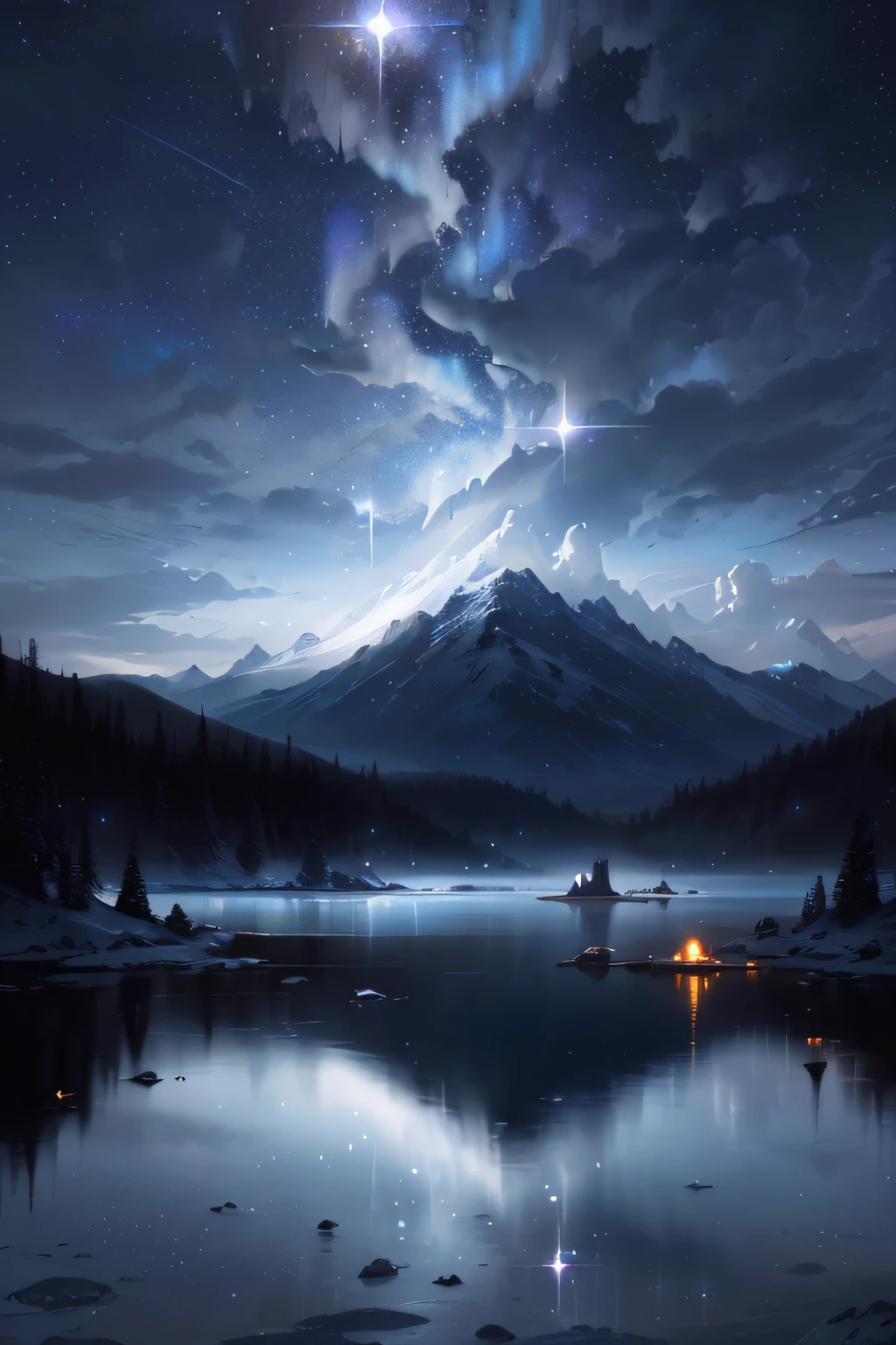 Starry night view with lake and mountains in the background, 8K stunning artwork, inspired by Christopher Balaskas, Christopher Balaskas, 4K highly detailed digital art, Jesse Carlo Seall fantasy art, beautiful art UHD 4K, Dammenford and Albert Bierstadt, 8K resolution concept art, Ryan Diar, impressive fantasy landscape.