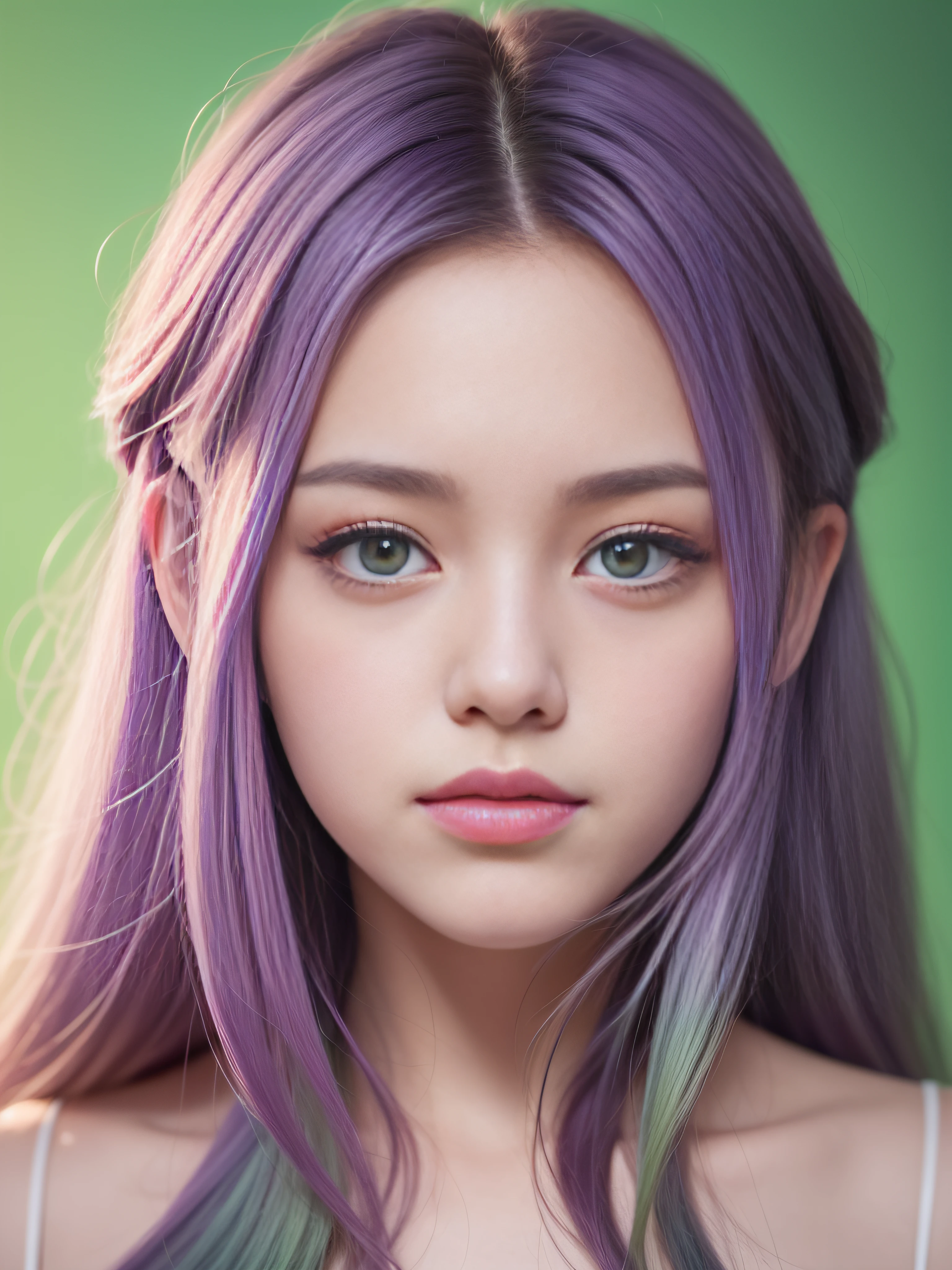 Symmetry, close-up of woman with gradient hair and purple background, pale round face, realistic portrait, 8K, highly detailed face, round face, straight hairstyle, beauty filter, single realistic face, Korean symmetrical face, light green tone beautiful face, soft round face, beautiful face