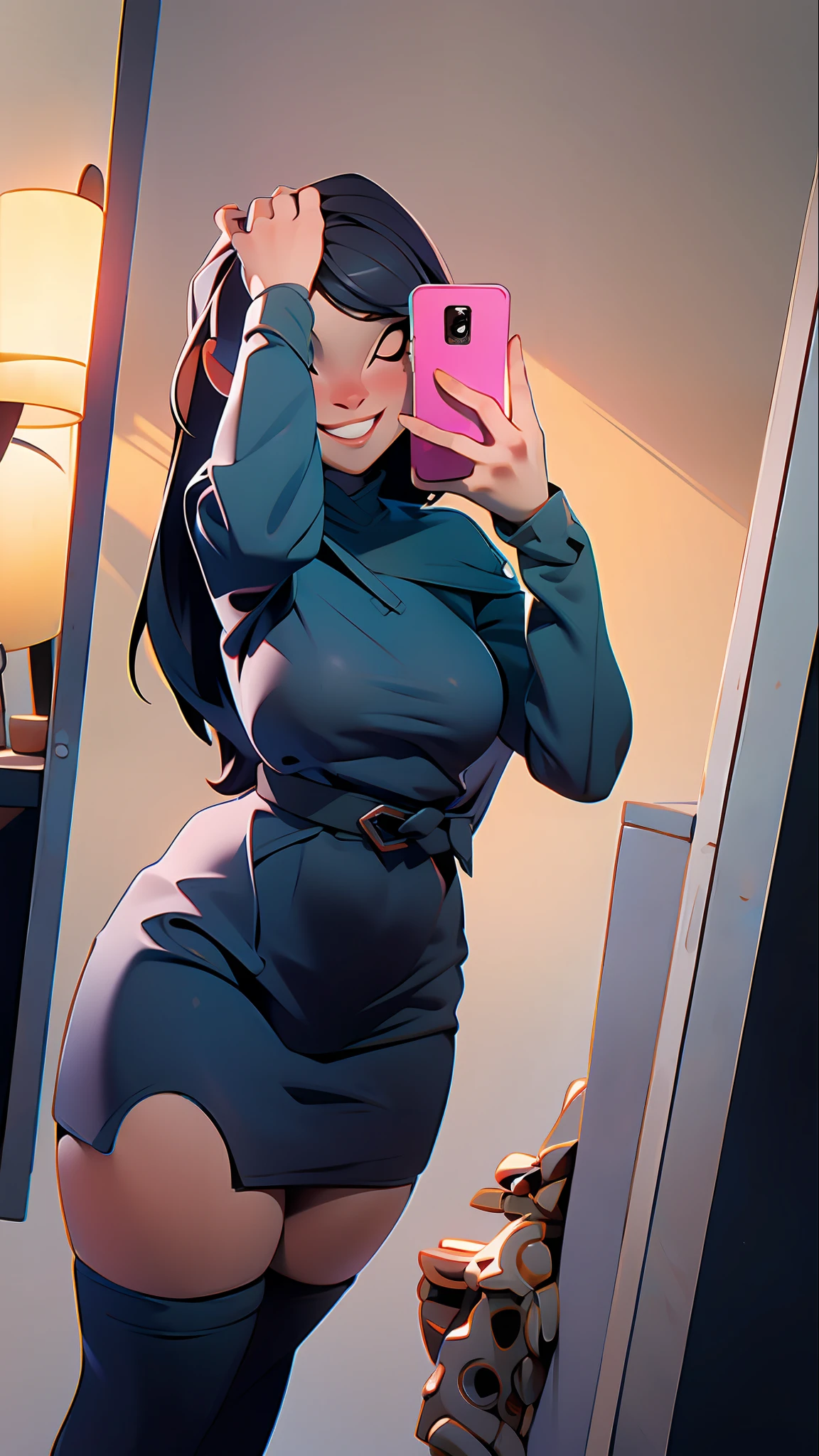There is a woman taking a selfie in a mirror, 30 years old, short black dress, long black hair, white