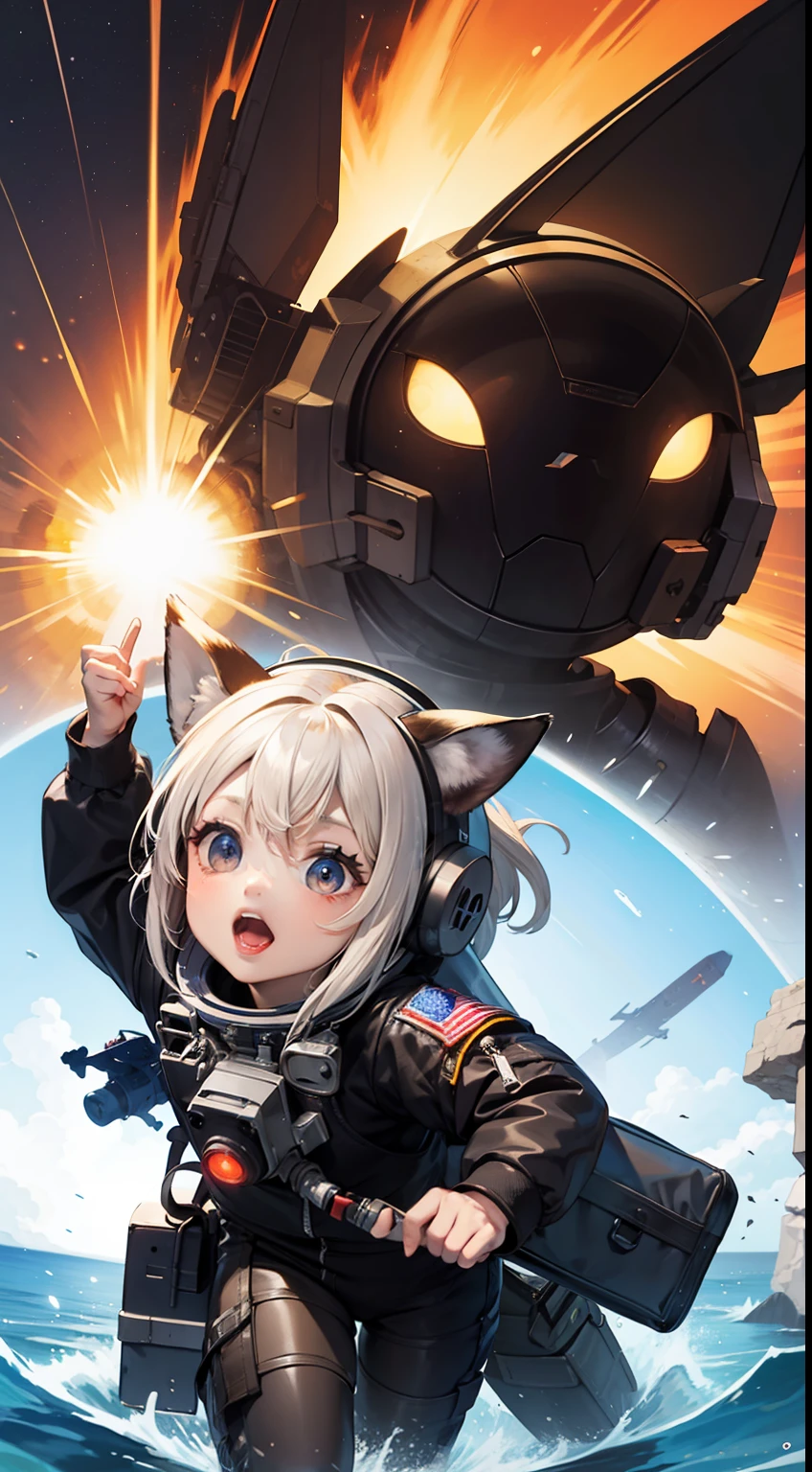 masterpiece, best quality,
figure,
1 astronaut,Black glass mask,dog ears, 
running,
Planet Explosion,Surrounded by meteorites,float lightly in the air,
chibi,