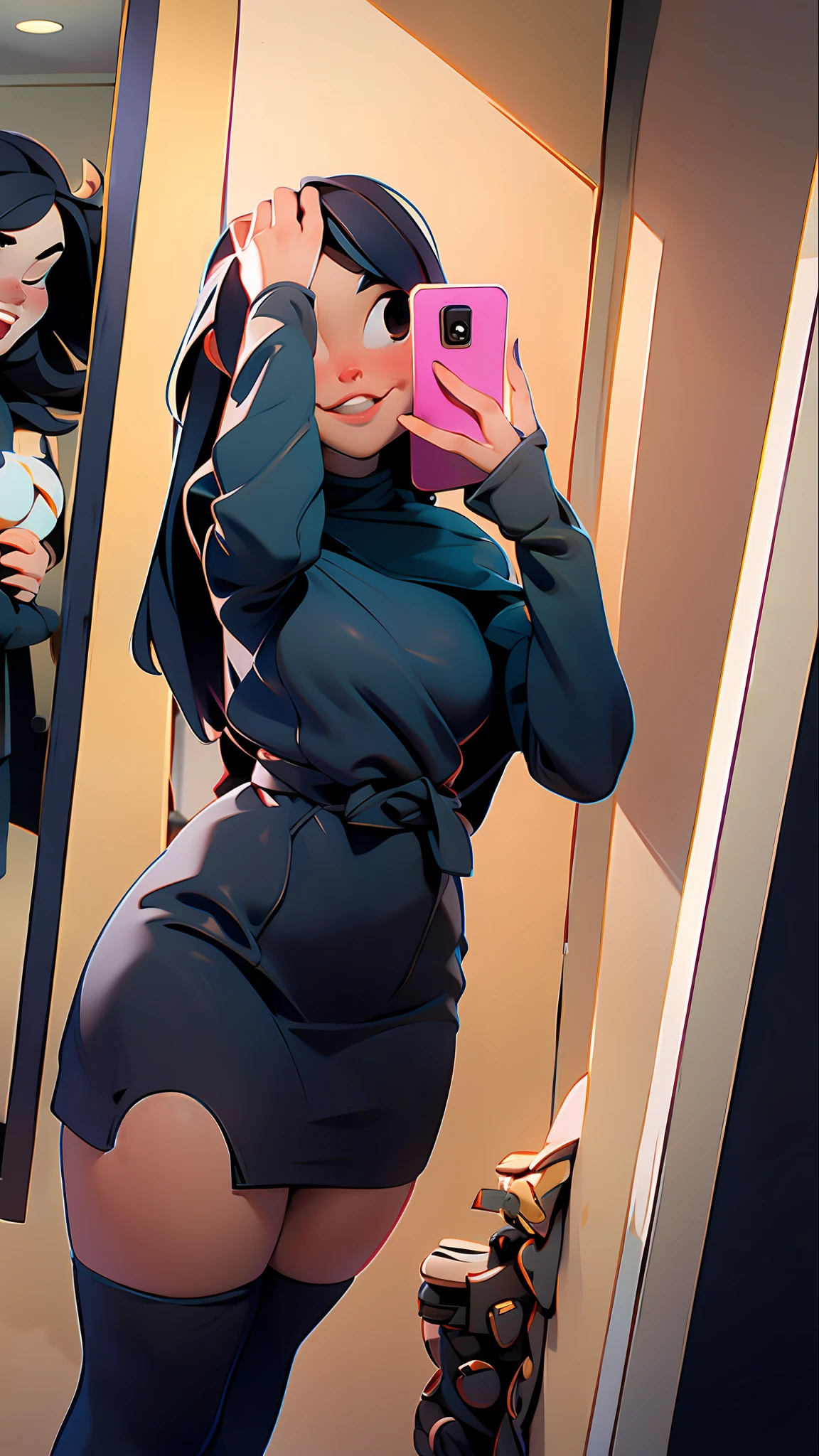 There is a woman taking a selfie in a mirror, 30 years old, short black dress, long black hair, white