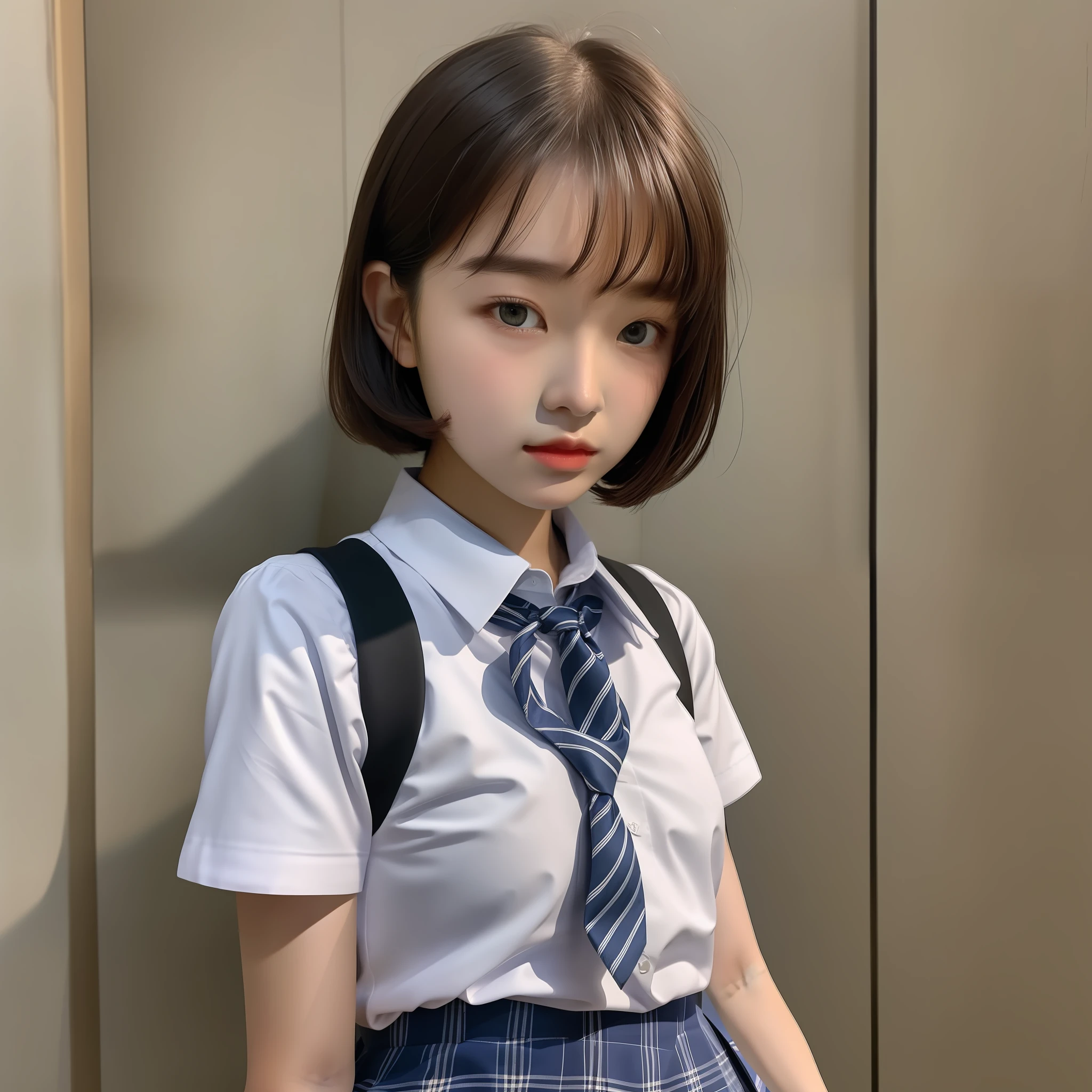 masterpiece, top quality, beautiful schoolgirl staring at camera, short cut, face up shot, summer clothes, puberty, dusk, frontal, portrait