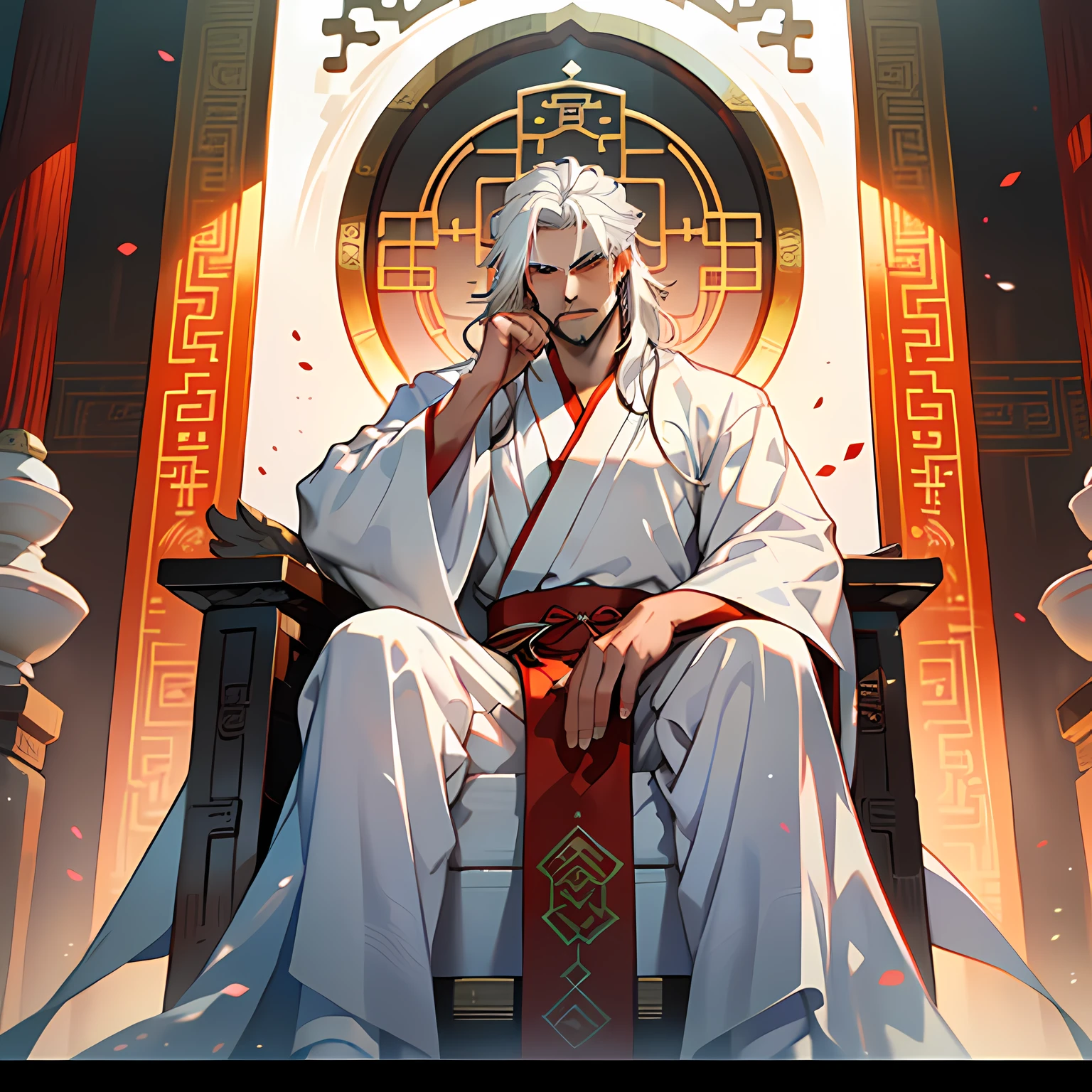 36. (1 person) ( (((white hair))),(((aboy))).((white Hanfu youth)), (((white hair)))(((black clothes))), (((Long white hair))), kingly air, gorgeous, handsome, outstanding temperamen, sits on the sacred throne with a sneer) (background: in the sacred, resplendent palace hall of ancient China).