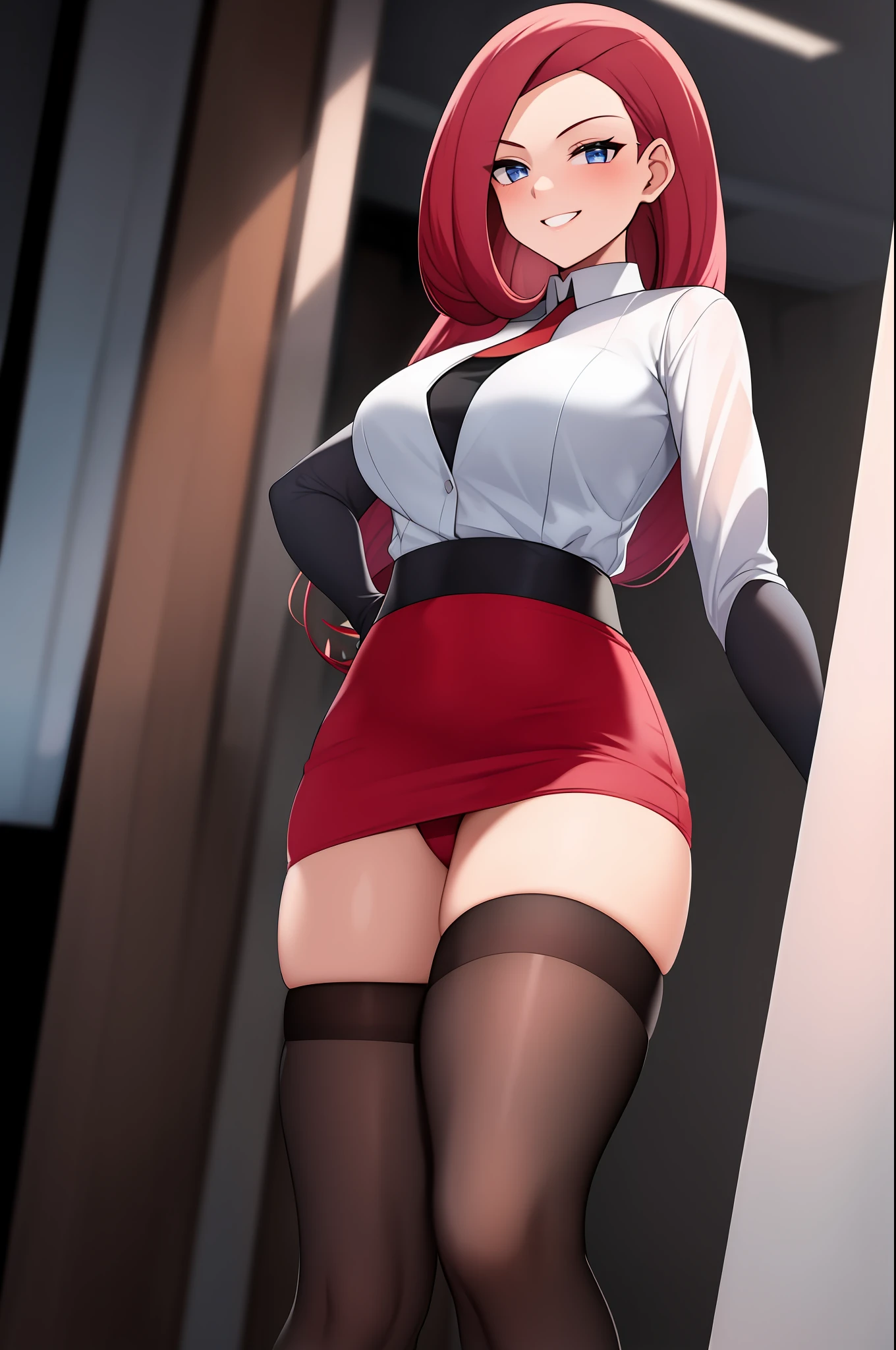 Solo, 1 girl, Woman, Jessie, Jessie from pokemon, long hair combed back, reddish hair, blue eyes, secretary's uniform, blue tuxedo with white blouse, low-cut blouse, black skirt, short skirt, thigh height stockings, ambient lights, in an office, smile, tight short skirt, confident smile, winking, skirt raised, showing her underwear, Red panties, tight red panties, lace panties.