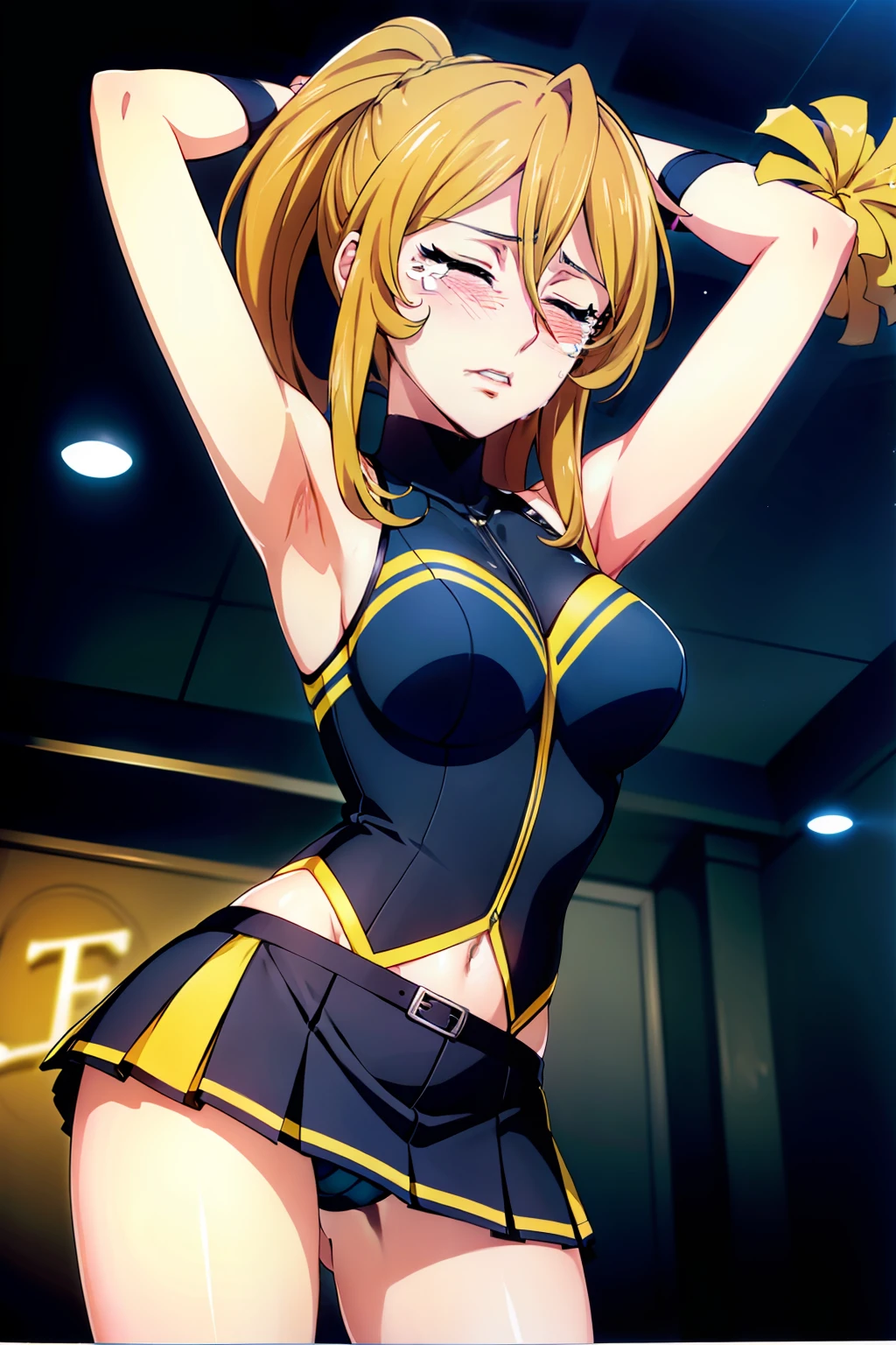 (cowboy shot:1.6),(Low Angle,from below:1.6),8k, 1girl,dark room,(cheerleader costume with micro miniskirt,see sexy-white-panty,form micro-miniskirt:1.7),(rope shibari over the clothes,bound:1.5), (arms up,tie her wrists together :1.8),night, medium breasts,(with natural pointy tits:1.4) ,arms up, 1 girl, 18yo,Young female,Beautiful Finger,Beautiful long legs,Beautiful body,Beautiful Nose,Beautiful character design, (long hair,pony tail:1.8),perfect eyes, perfect face,(frown,bite lip,disgust,closed eyes tightly,crying,nose-blushing,:1.3), solo focus, cowboy shot, (masterpiece:1.4),(best quality:1.4),(shiny skin), NSFW,official art,extremely detailed CG unity 8k wallpaper, perfect lighting,Colorful, Bright_Front_face_Lighting, (masterpiece:1.0),(best_quality:1.0), ultra high res,4K,ultra-detailed, photography, 8K, HDR, highres, absurdres:1.2, Kodak portra 400, film grain, blurry background, bokeh:1.2, lens flare, (vibrant_color:1.2) ,steaming body ,