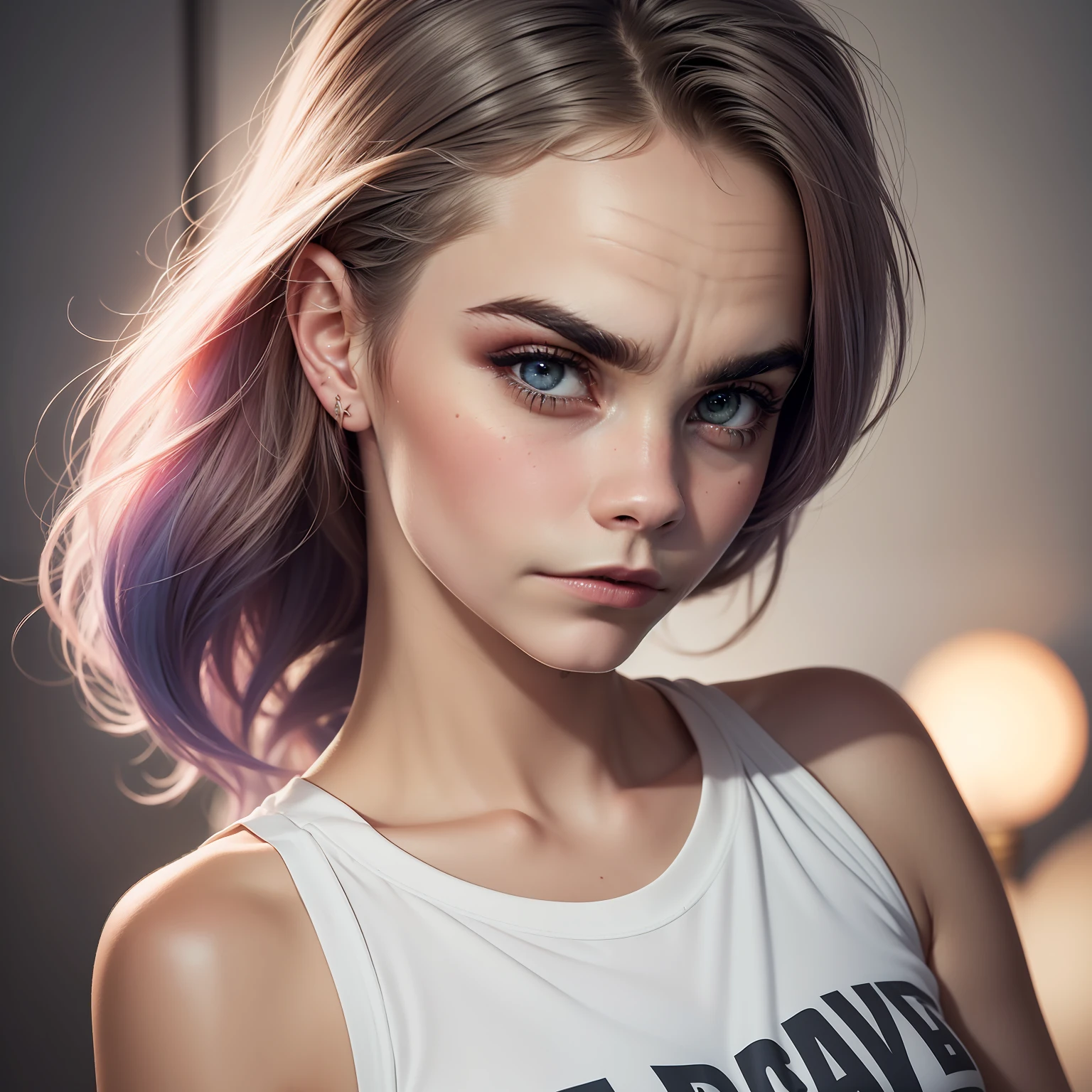 ((Cara Delevingne)), dressed, (photorealistic:1.4), (hyperrealistic:1.4), (realistic:1.3), (more uniform lighting: 1.05), (improvement of cinematic lighting quality:0.9), 32K, 1girl, 20yo girl, realistic lighting, backlight, light on face, raytrace, (brightening light: 1.2), (increase quality: 1.4), (best quality real texture skin: 1.4), finely detailed eyes, finely detailed face, fine quality eyes, (tired and sleepy and satisfied:0, 0), Close-up of the face, T-shirts, (Increase the mood of the body line: 1.1), (Increase the beauty of the skin texture: 1.1)