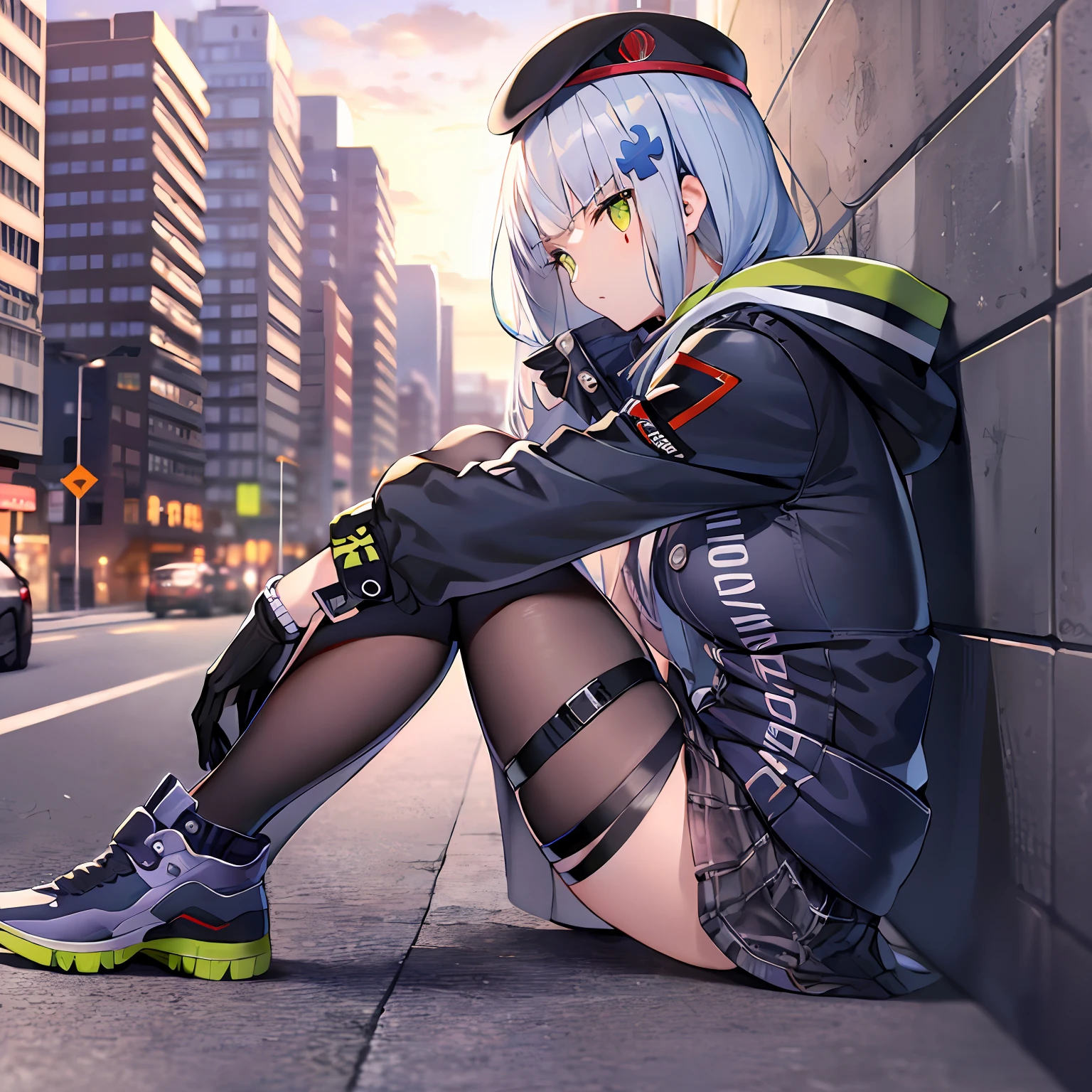 {{masterpiece, best quality, extremely detailed CG, unity 8k wallpaper, }}, wide view,(solo), HK416,midnight,serious,sitting,against wall,city,looking up