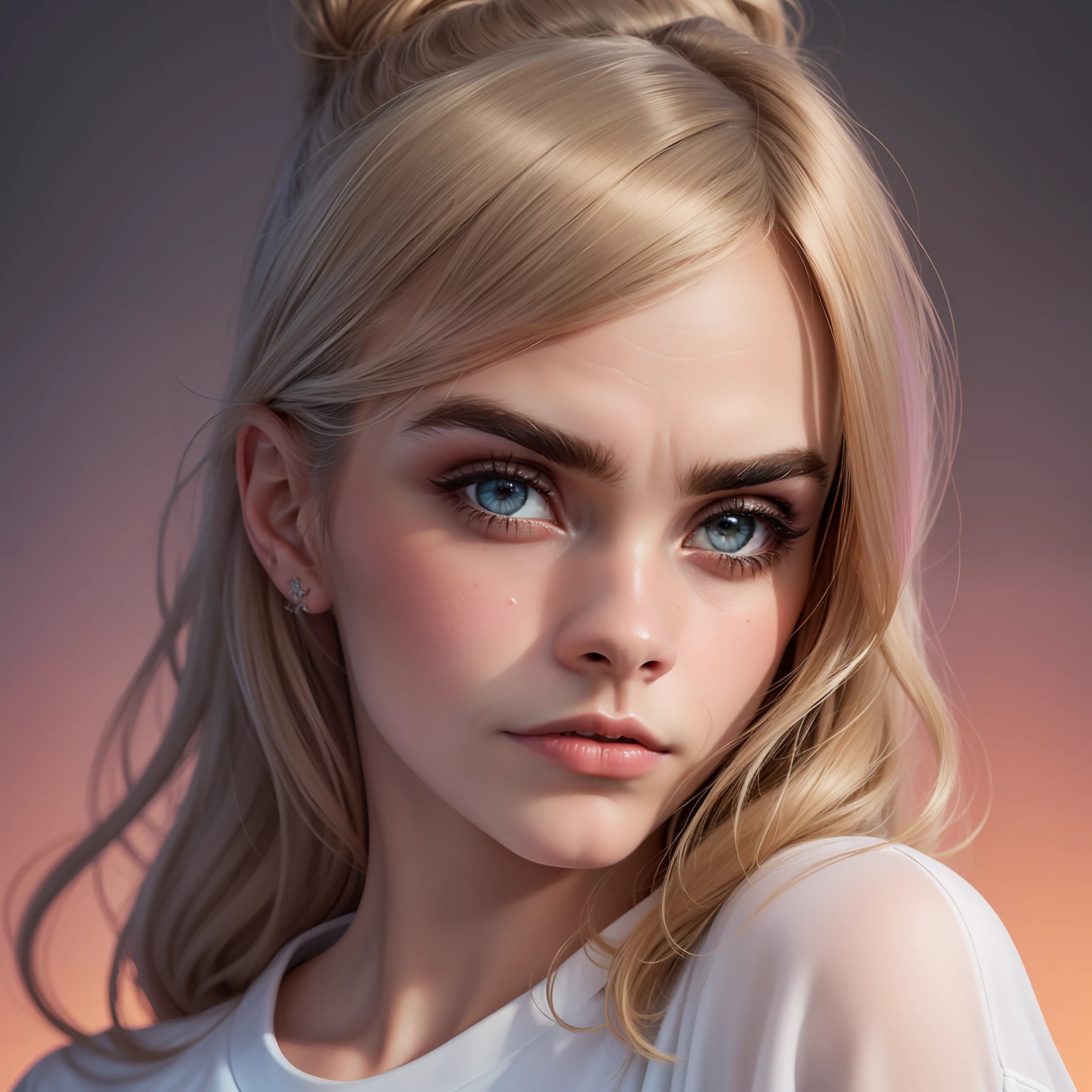 ((Cara Delevingne)), dressed, (photorealistic:1.4), (hyperrealistic:1.4), (realistic:1.3), (more uniform lighting: 1.05), (improvement of cinematic lighting quality:0.9), 32K, 1girl, 20yo girl, realistic lighting, backlight, light on face, raytrace, (brightening light: 1.2), (increase quality: 1.4), (best quality real texture skin: 1.4), finely detailed eyes, finely detailed face, fine quality eyes, (tired and sleepy and satisfied:0, 0), Close-up of the face, T-shirts, (Increase the mood of the body line: 1.1), (Increase the beauty of the skin texture: 1.1)