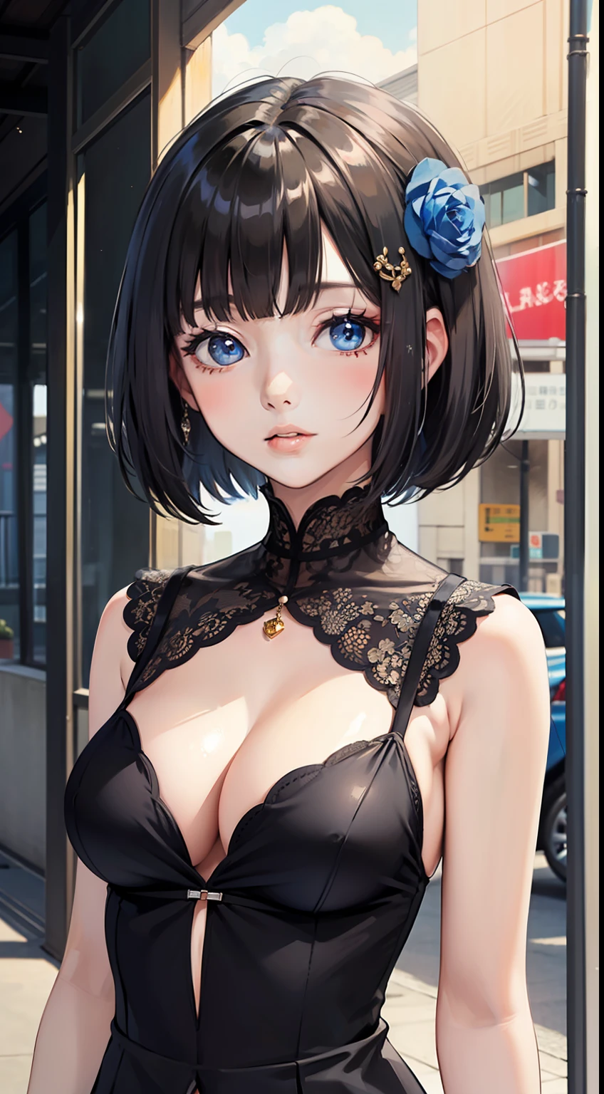 (masterpiece best quality:1.4),Yui,anime,1girl, breasts, solo, short hair, window, cleavage, navel, blue eyes, hair ornament, flower, dress, hair flower, looking at viewer,feathers, jewelry, large breasts, bangs, black hair, bob cut, upper body, black dress,medium breasts,outdoor, blunt bangs