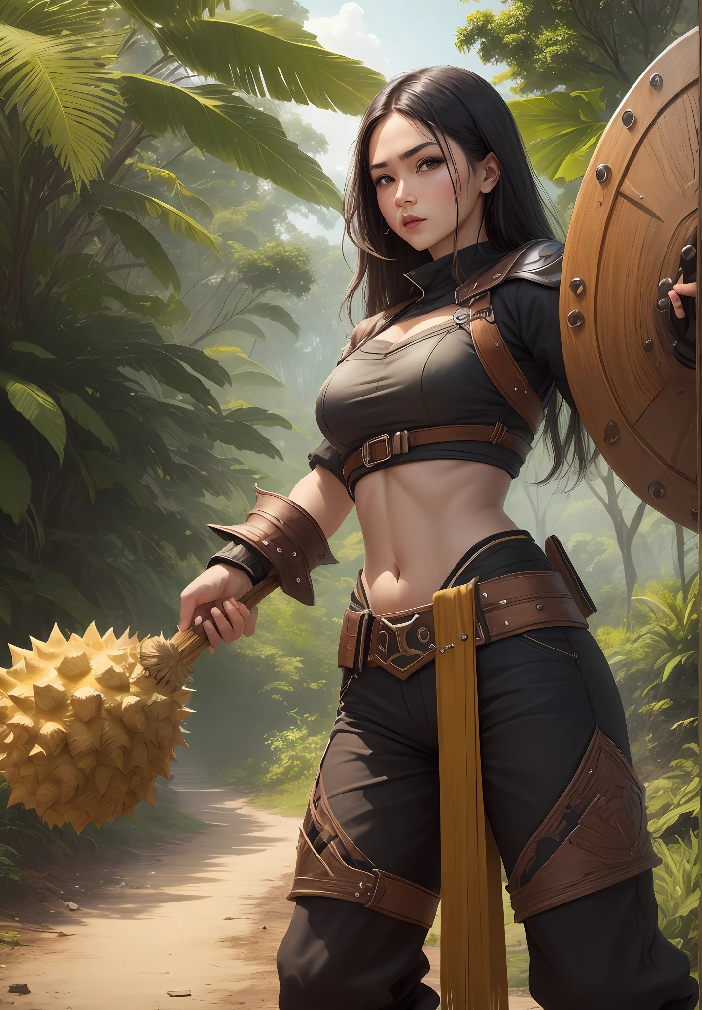 Oak shield, wood replaced with durian shell, mace made of durian, jugger, pompfen, rainforest background, super fine