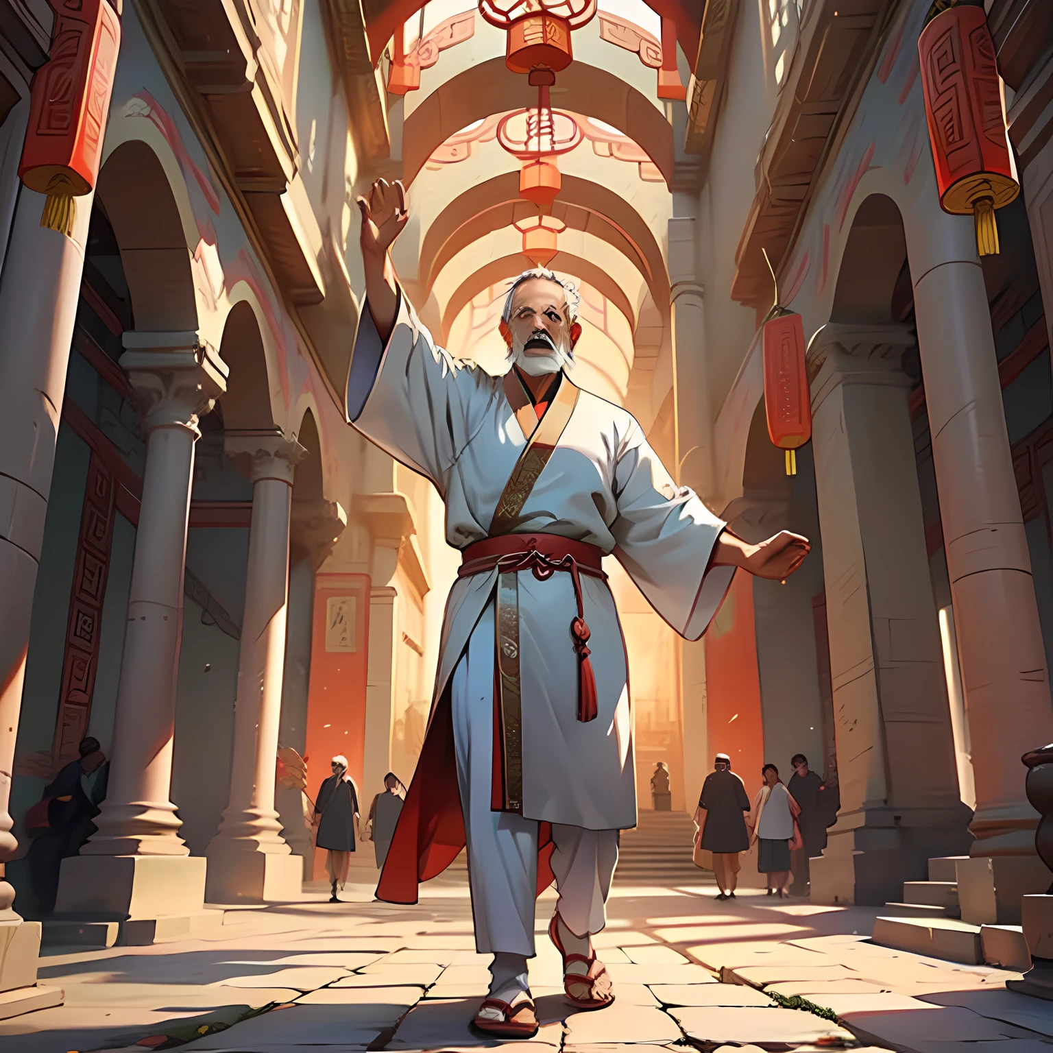 30. (1 person) (the old man in white clothes looks up in awe) (background: in the sacred, resplendent palace hall of ancient China).
