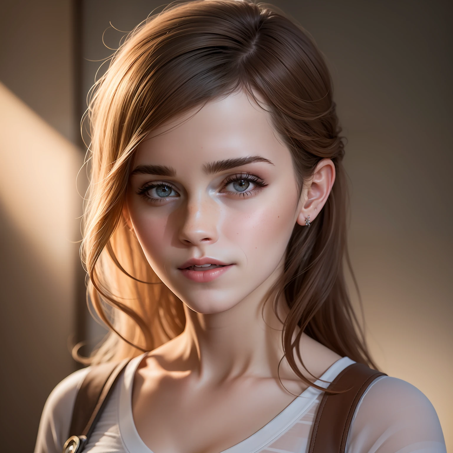 ((Emma Watson)), dressed, (photorealistic:1.4), (hyperrealistic:1.4), (realistic:1.3), (more uniform lighting: 1.05), (improvement of cinematic lighting quality:0.9), 32K, 1girl, 20yo girl, realistic lighting, backlight, light on face, raytrace, (brightening light: 1.2), (increase quality: 1.4), (best quality real texture skin: 1.4), finely detailed eyes, finely detailed face, fine quality eyes, (tired and sleepy and satisfied:0.0), Close-up of the face, T-shirts, (Increase the mood of the body line: 1.1), (Increase the beauty of the skin texture: 1.1)