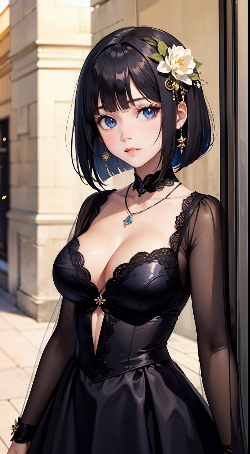 (masterpiece best quality:1.4),Yui,anime,1girl, breasts, solo, short hair, window, cleavage, navel, blue eyes, hair ornament, flower, dress, hair flower, looking at viewer,feathers, jewelry, large breasts, bangs, black hair, bob cut, upper body, black dress,medium breasts,outdoor, blunt bangs
