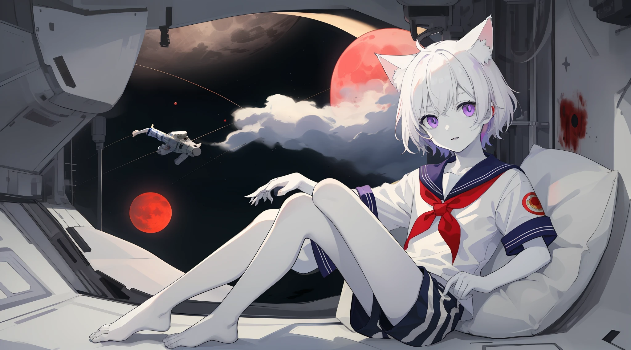 ((Pale Skin)), (), (Red Moon), (Short Hair), (Purple Eyes), (White Hair), (Blue and White Striped Sailor Suit), (Blue and White Striped Shorts), (Barefoot), (Happy), (Cat Ear Tail), (Handsome), (Lying on the Moon), (Zombie), (Space Station Background)