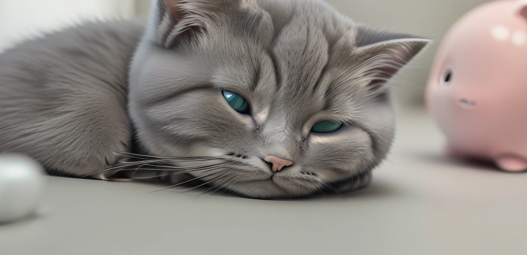 there is a cat that is laying down next to a piggy bank, sad cat, tired face, looking tired, she has tired eyes, sleepy expression, squinting, tired expression, taken with sony alpha 9, cat sleeping, looking exhausted, he is very relaxed, with a sad expression, sleepy eyes, cat photo, resting on a tough day, crying eyes closed!