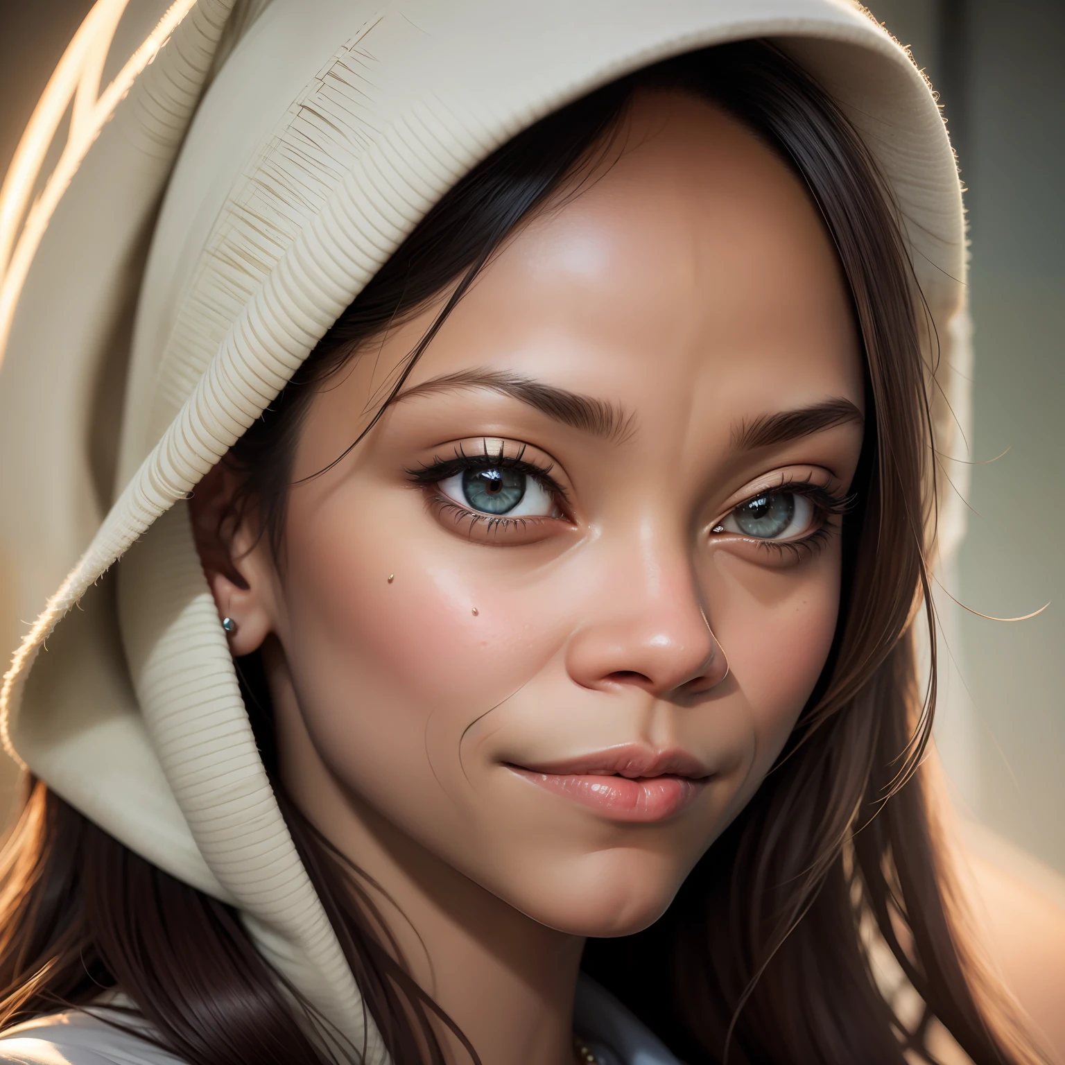 ((Zoe Saldana)), dressed, (photorealistic:1.4), (hyperrealistic:1.4), (realistic:1.3), (more uniform lighting: 1.05), (improvement of cinematic lighting quality:0.9), 32K, 1girl, 20yo girl, realistic lighting, backlight, light on face, raytrace, (brightening light: 1.2), (increase quality: 1.4), (best quality real texture skin: 1.4), finely detailed eyes, finely detailed face, fine quality eyes, (tired and sleepy and satisfied:0.0),  Close-up of the face, T-shirts, (Increase the mood of the body line: 1.1), (Increase the beauty of the skin texture: 1.1)