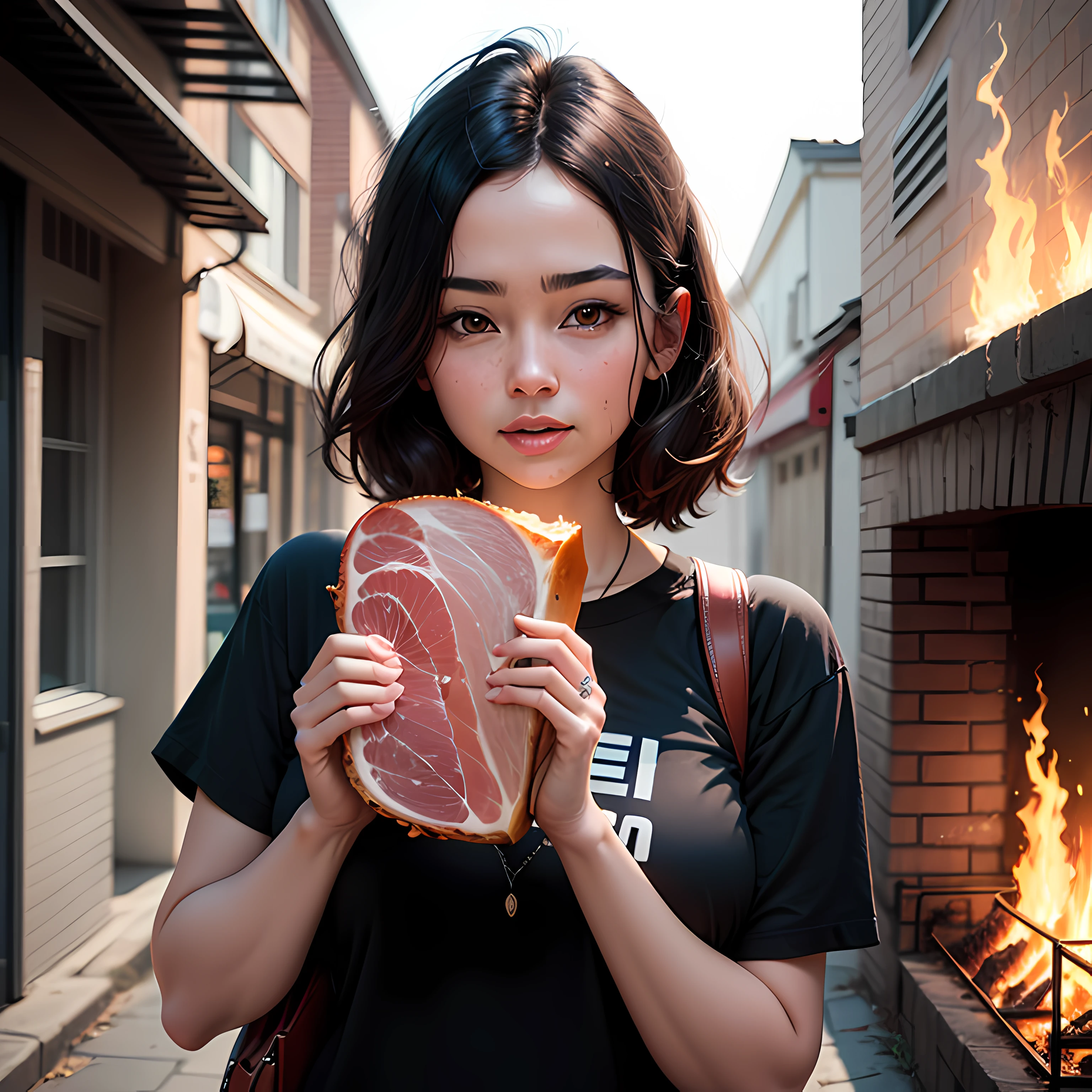 Poster with a 60-year-old woman with a very large ham in her hand, woman has dark hair. Woman wearing a black t-shirt. On the T-shirt, in turn, there is a woman with a ham in both hands. The background glows like a fire. the image should look like an advertising poster. All WITHOUT texts on t-shirt and background. --auto