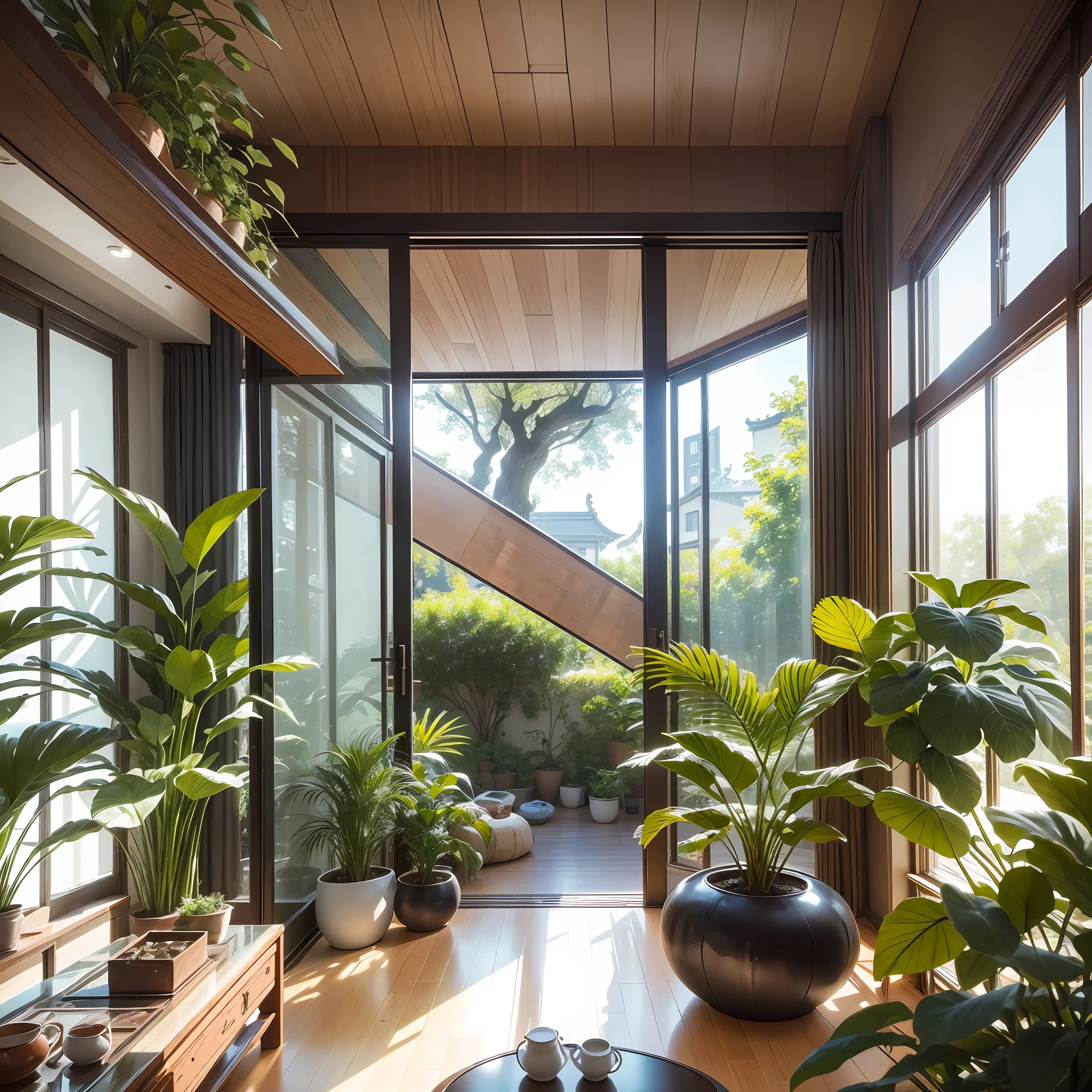 New Chinese design, interior, sunlight and shadow, bird's eye angle, plant furnishings, living room overview, space atmosphere --auto --s2
