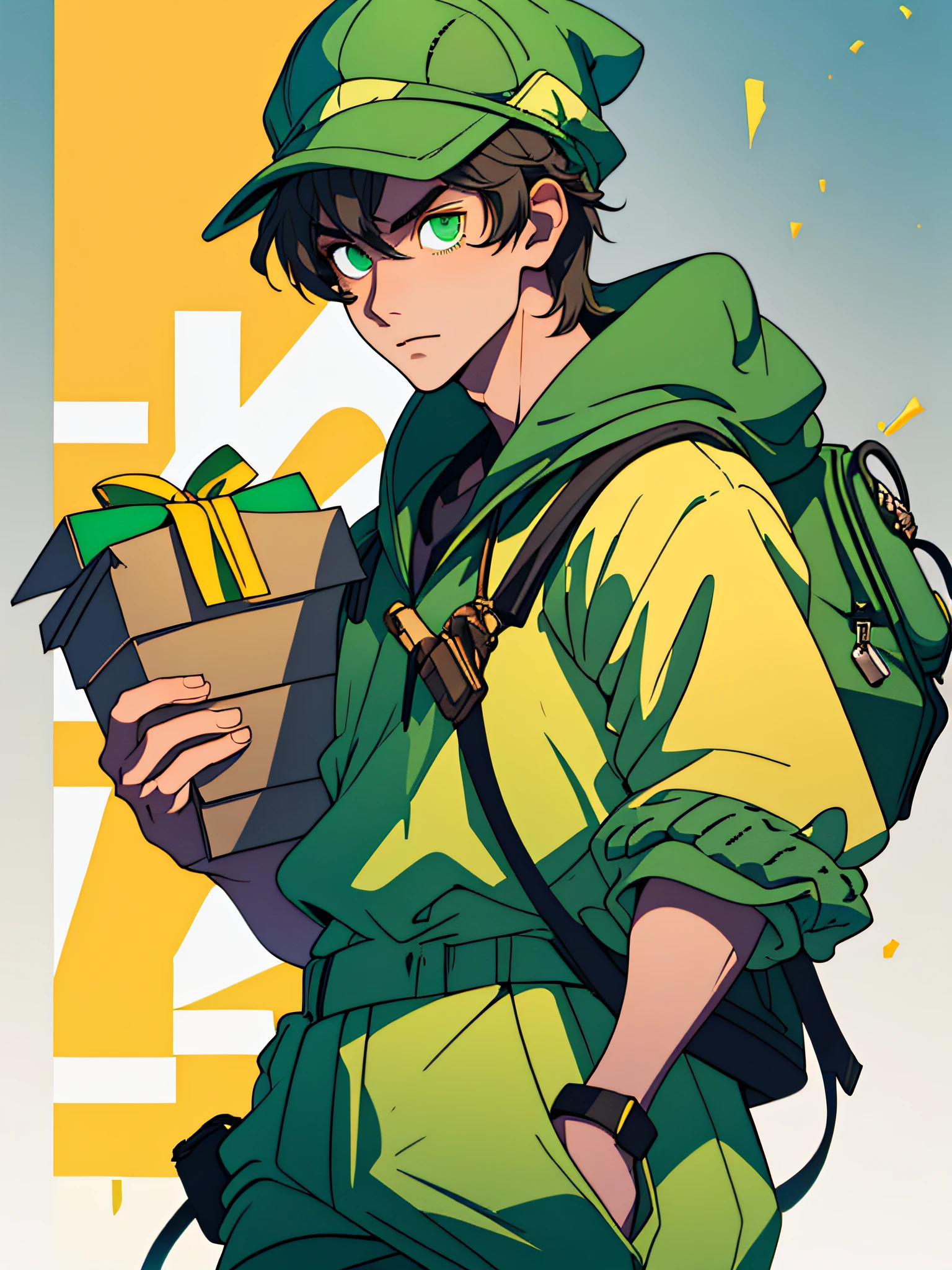 A diligent boy in (metropolitan campus: 1.3) hurriedly delivers packages, (((green hat))) and (((yellow uniform))) (holding a courier box printed with Dilivery), light particles, very detailed skin, very detailed eyes, ((short hair)), (ager), (((male)))